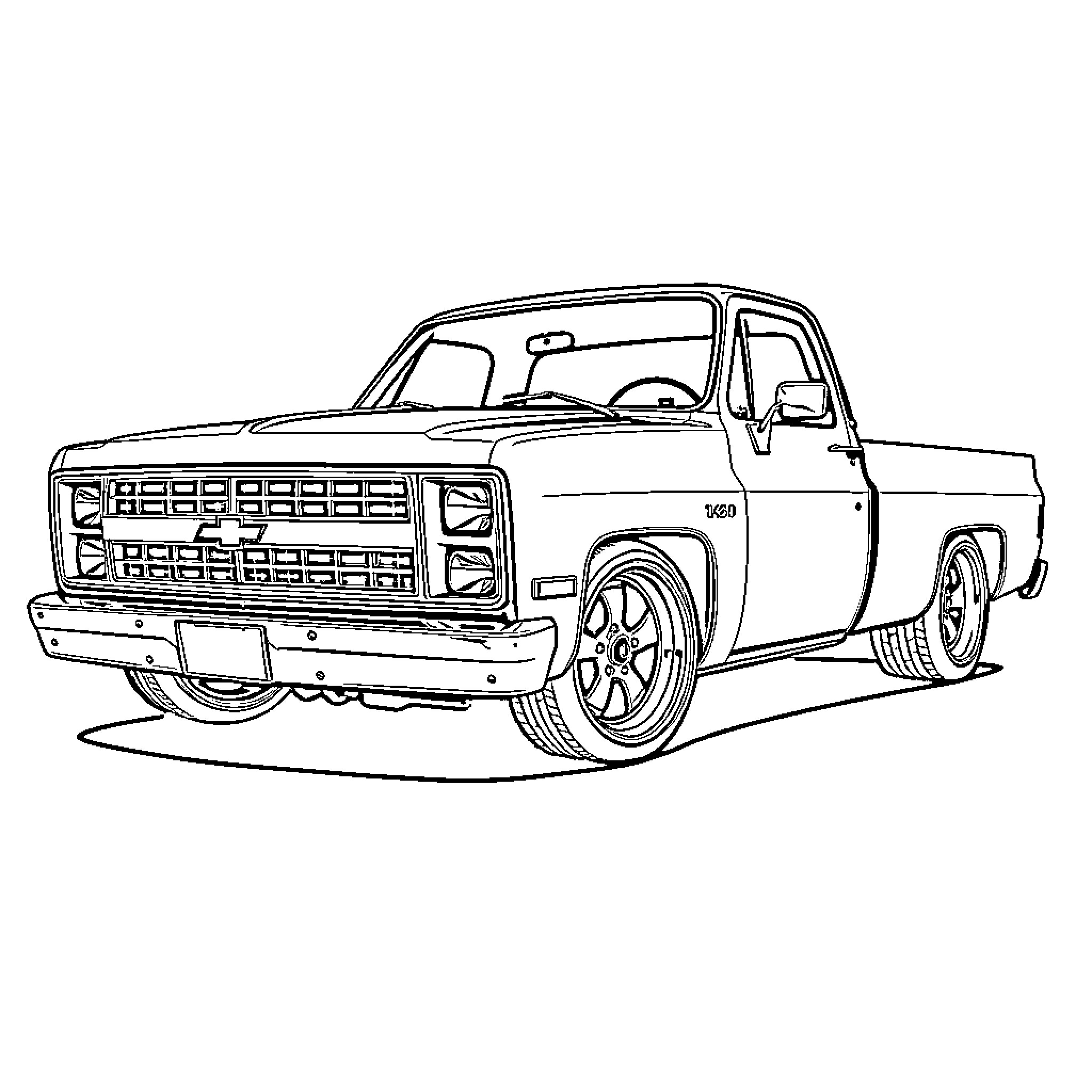 Chevy Truck with Customized Styling Coloring Page (free black-and-white line drawing printable PDF for all, from beginners to advanced learners, including children, teens, adults, and seniors)