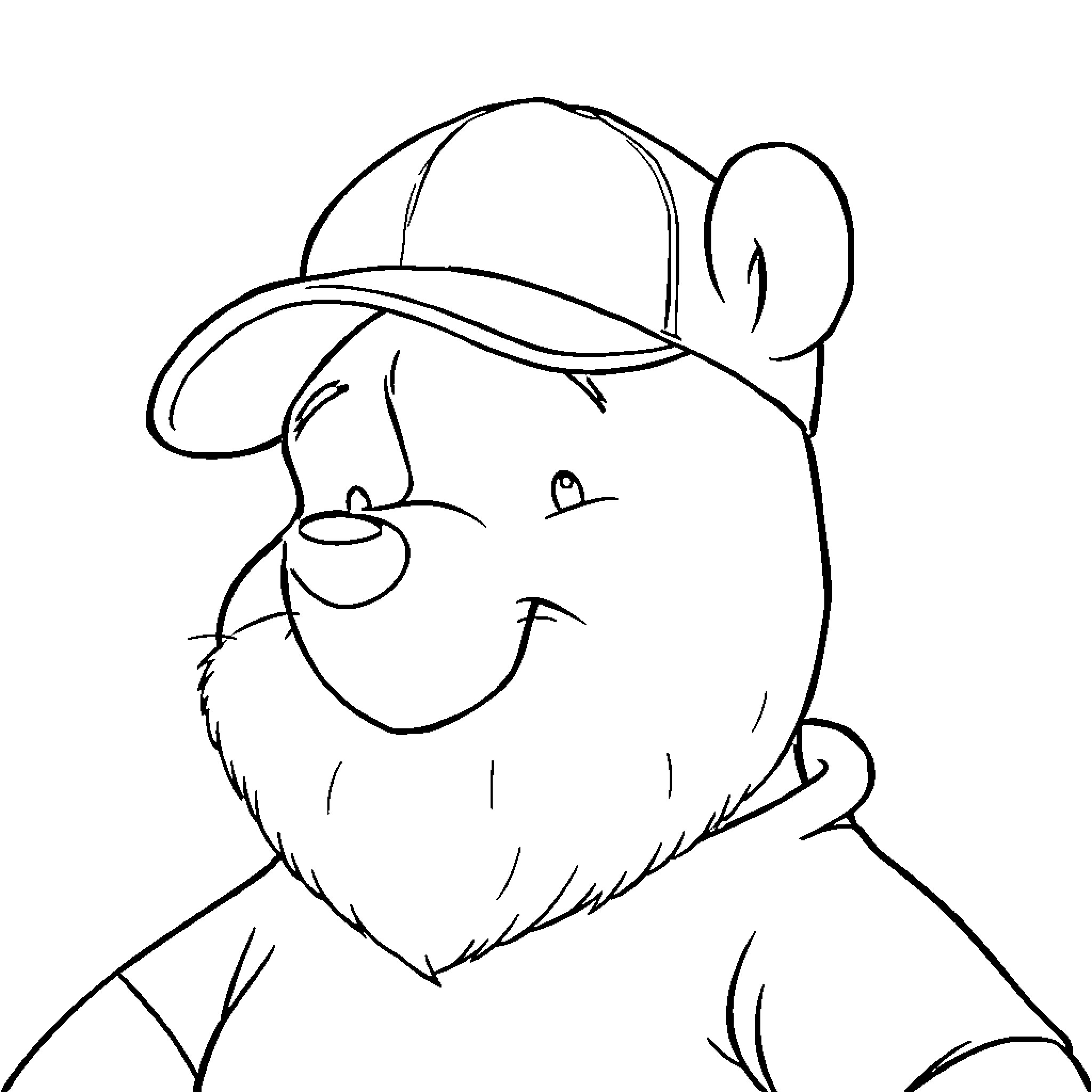 Winnie The Pooh in a baseball cap Coloring Page (free black-and-white line drawing printable PDF for all, from beginners to advanced learners, including children, teens, adults, and seniors)