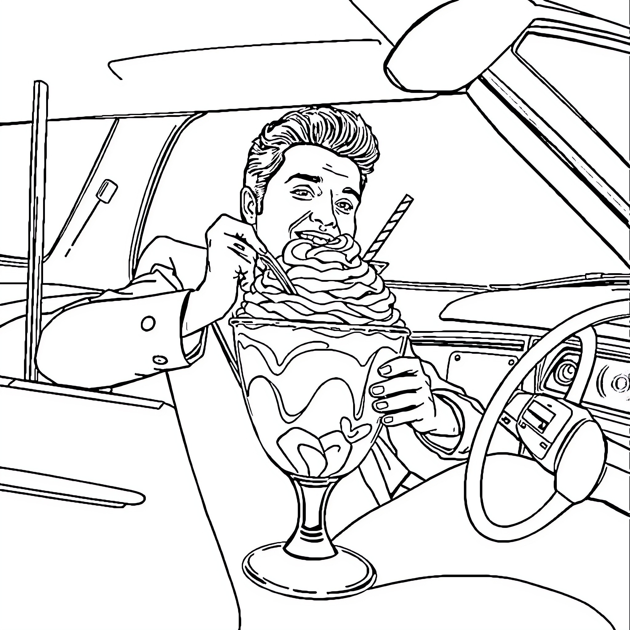 Elvis Presley Enjoying a Milkshake in His Car Coloring Page (free black-and-white line drawing printable PDF for all, from beginners to advanced learners, including children, teens, adults, and seniors)