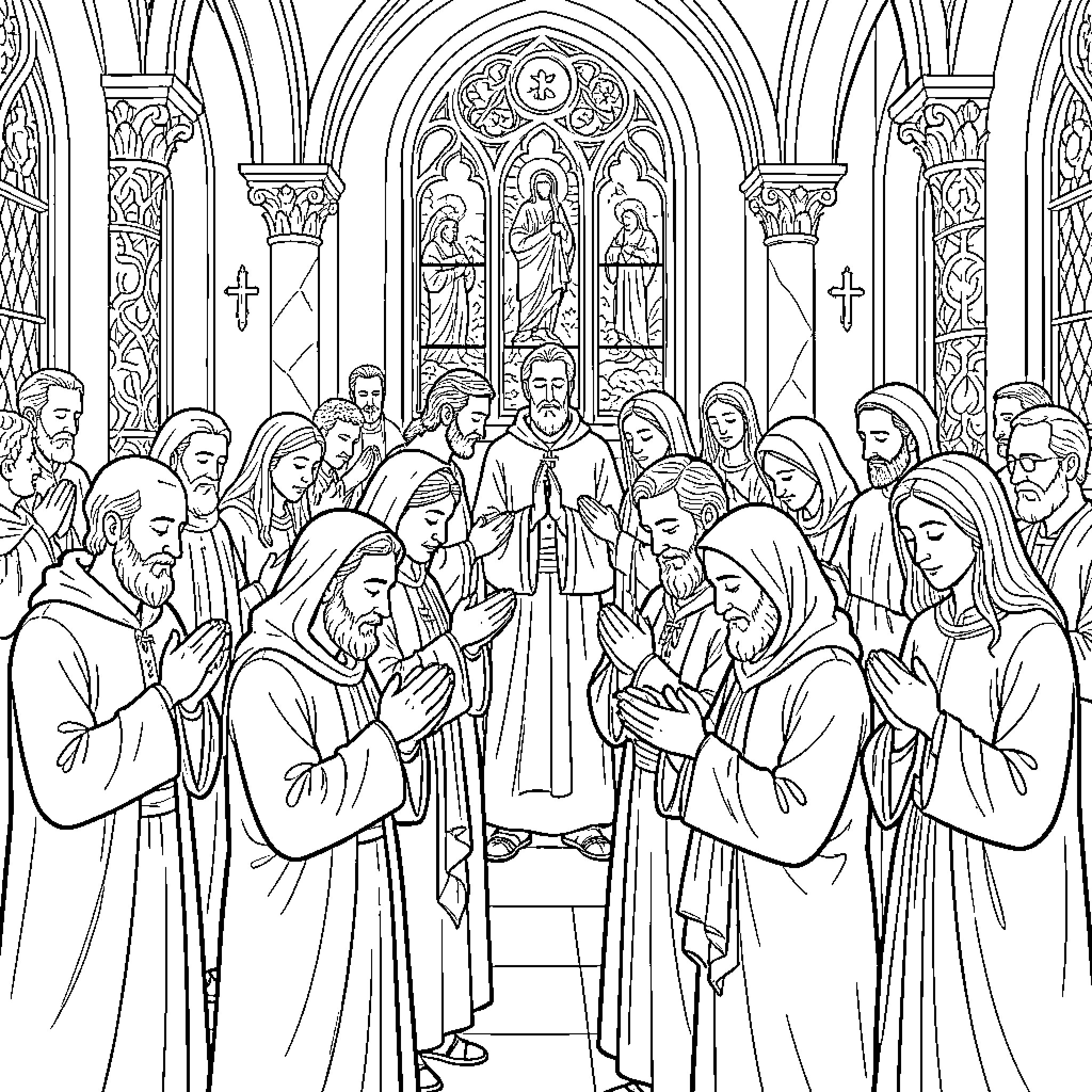 Religious Gathering Inside a Gothic Cathedral Coloring Page (free black-and-white line drawing printable PDF for all, from beginners to advanced learners, including children, teens, adults, and seniors)