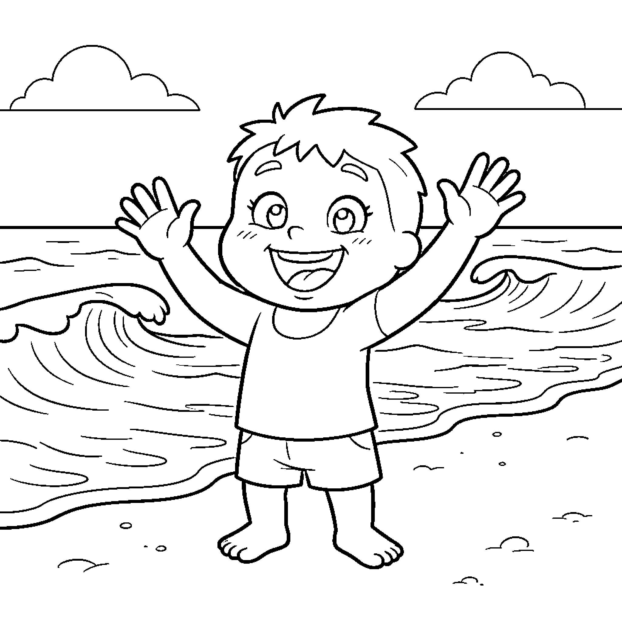 Stratus_B Smiling child playing in the ocean Coloring Page (free black-and-white line drawing printable PDF for all, from beginners to advanced learners, including children, teens, adults, and seniors)