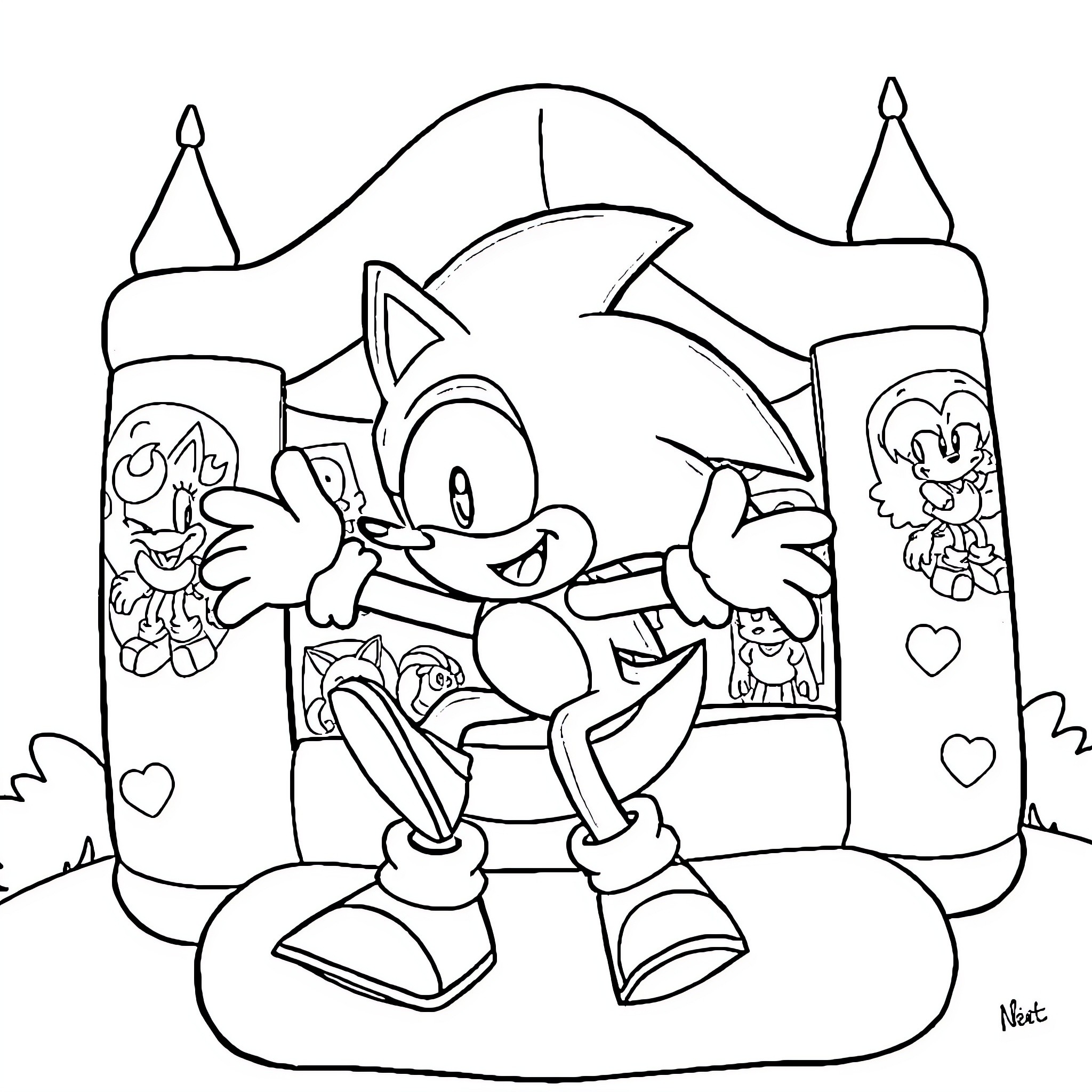 Sonic in a whimsical castle scene Coloring Page (free black-and-white line drawing printable PDF for all, from beginners to advanced learners, including children, teens, adults, and seniors)