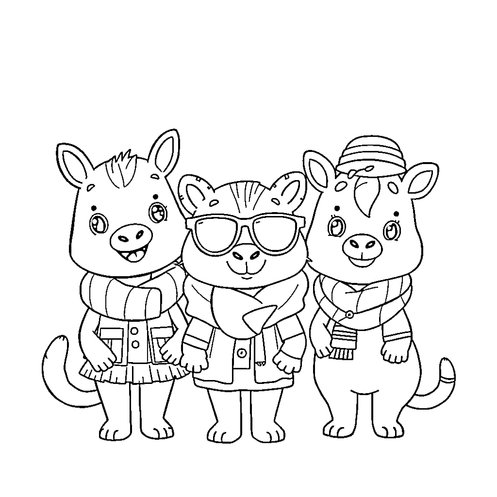 Animal characters wearing winter outfits Coloring Page (free black-and-white line drawing printable PDF for all, from beginners to advanced learners, including children, teens, adults, and seniors)