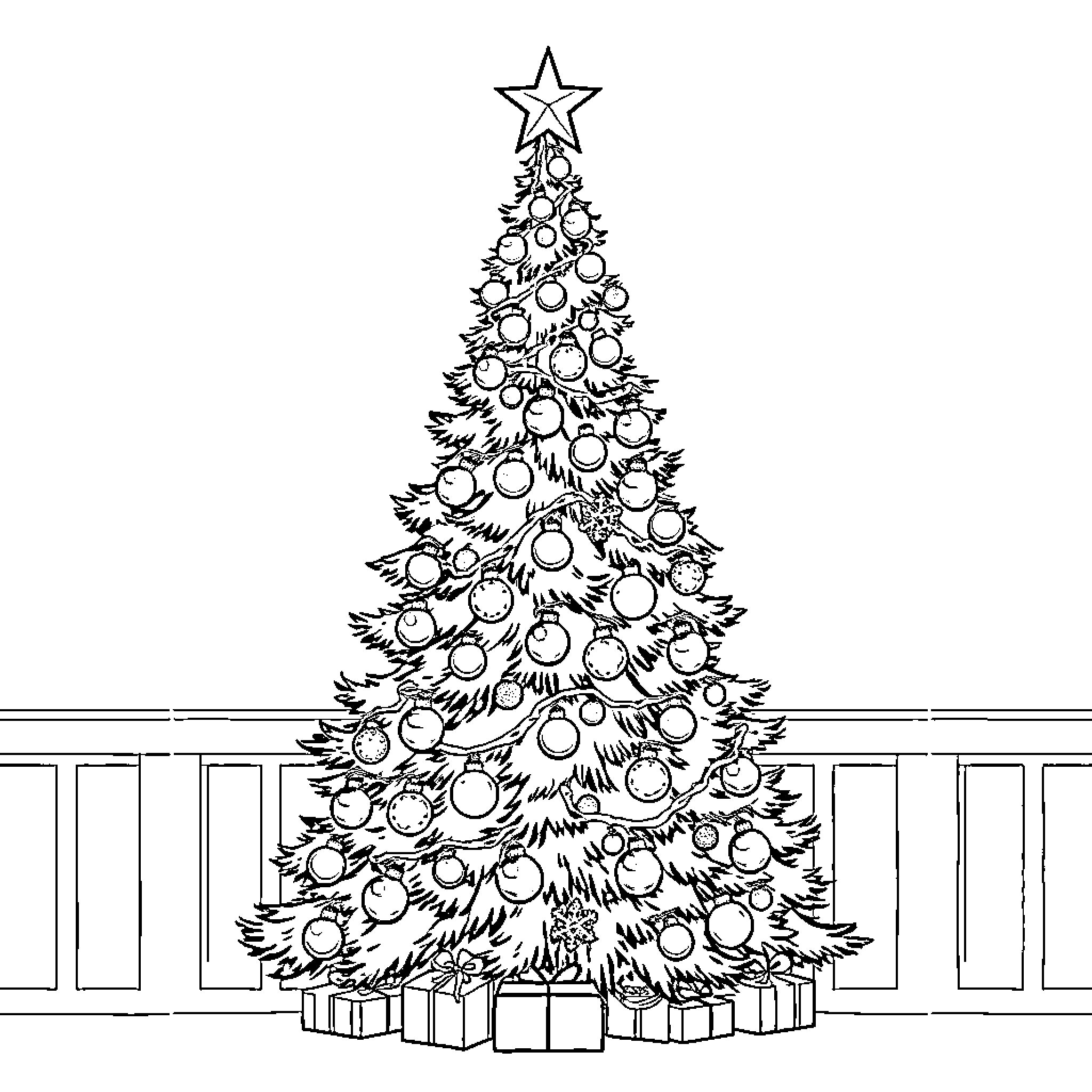 Christmas Tree Decorated with Ornaments Coloring Page (free black-and-white line drawing printable PDF for all, from beginners to advanced learners, including children, teens, adults, and seniors)