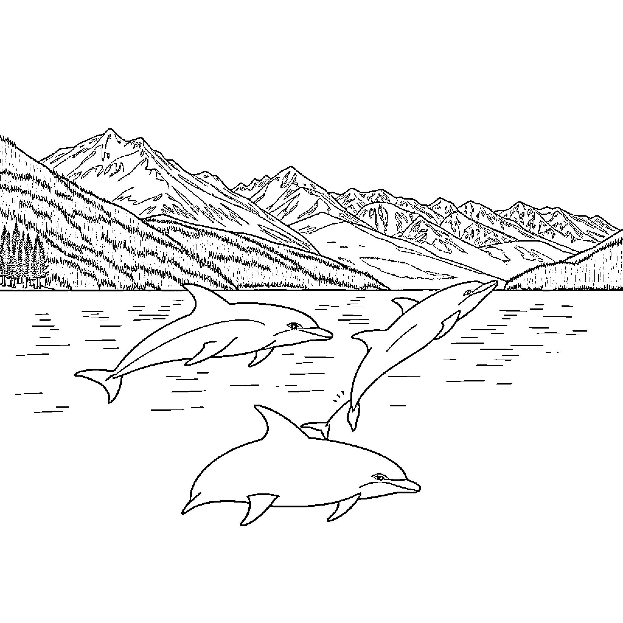 Dolphin swimming playfully in serene mountain lake Coloring Page (free black-and-white line drawing printable PDF for all, from beginners to advanced learners, including children, teens, adults, and seniors)