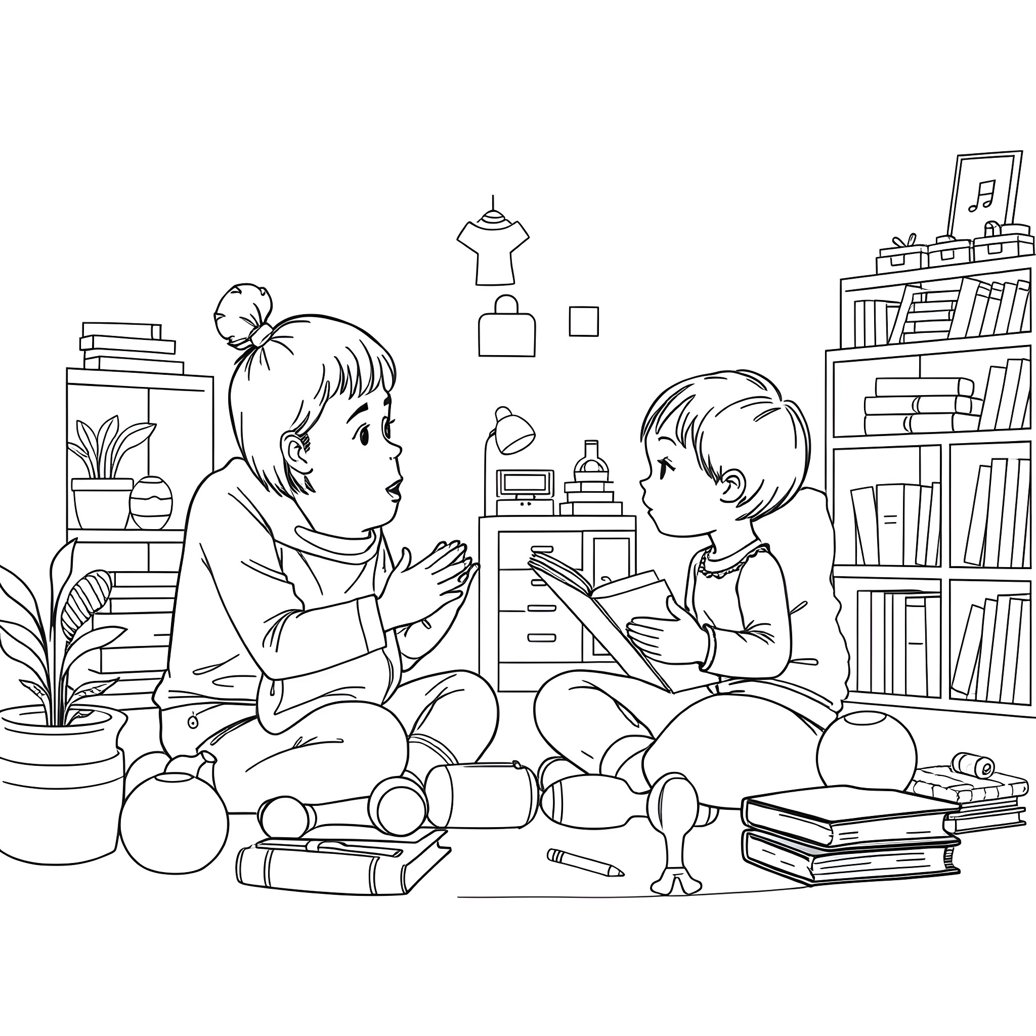 SLP Children playing with toys in room Coloring Page (free black-and-white line drawing printable PDF for all, from beginners to advanced learners, including children, teens, adults, and seniors)