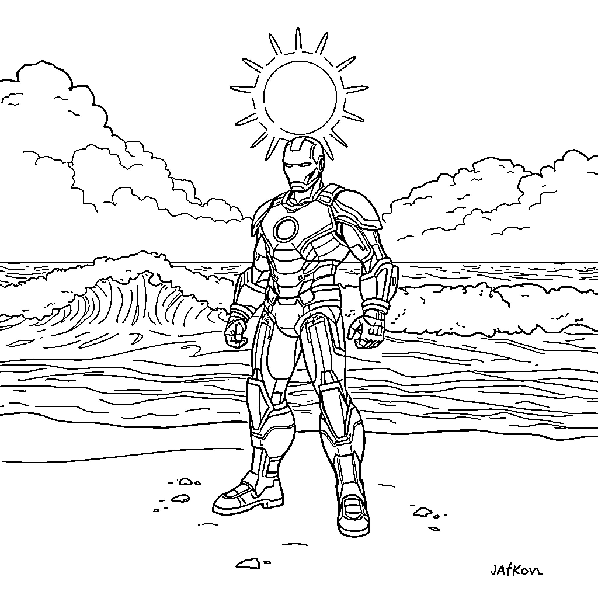 Ironman standing heroically on the beach Coloring Page (free black-and-white line drawing printable PDF for all, from beginners to advanced learners, including children, teens, adults, and seniors)