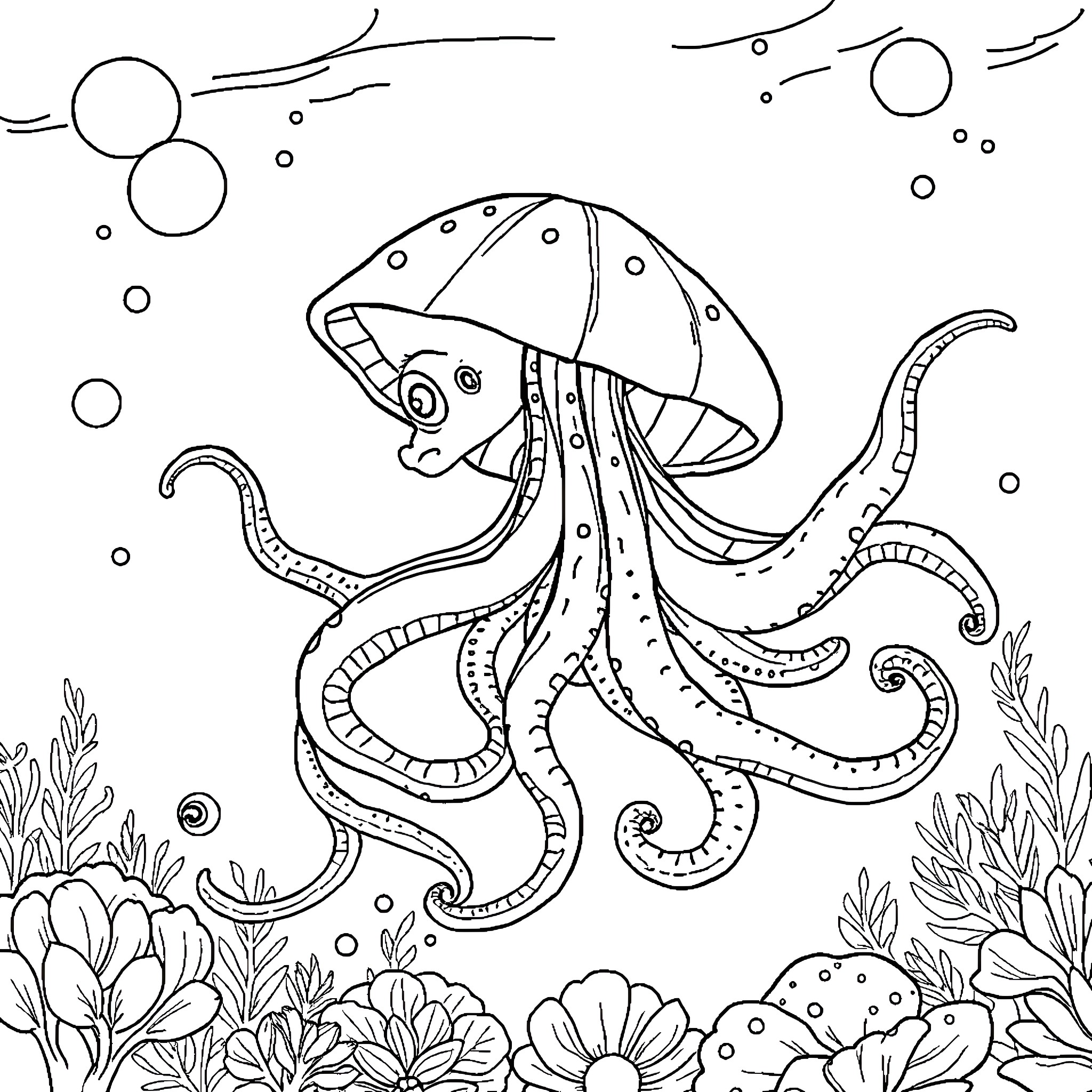 Medusa, the Playful Octopus in the Underwater Realm Coloring Page (free black-and-white line drawing printable PDF for all, from beginners to advanced learners, including children, teens, adults, and seniors)