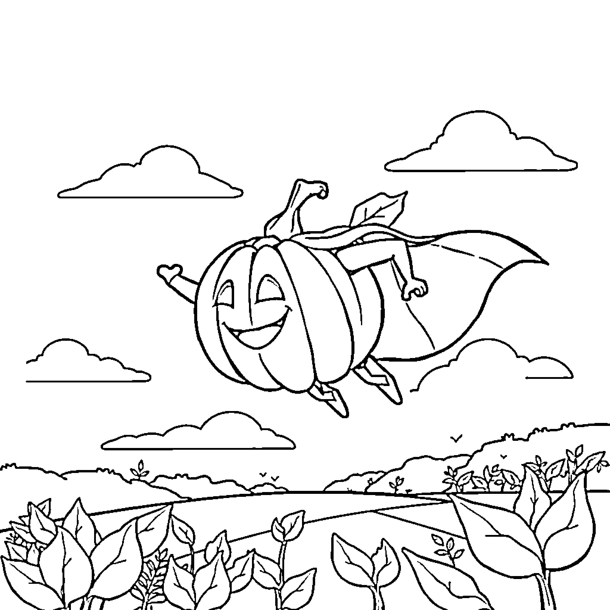 Pumpkin flying over the autumn landscape Coloring Page (free black-and-white line drawing printable PDF for all, from beginners to advanced learners, including children, teens, adults, and seniors)