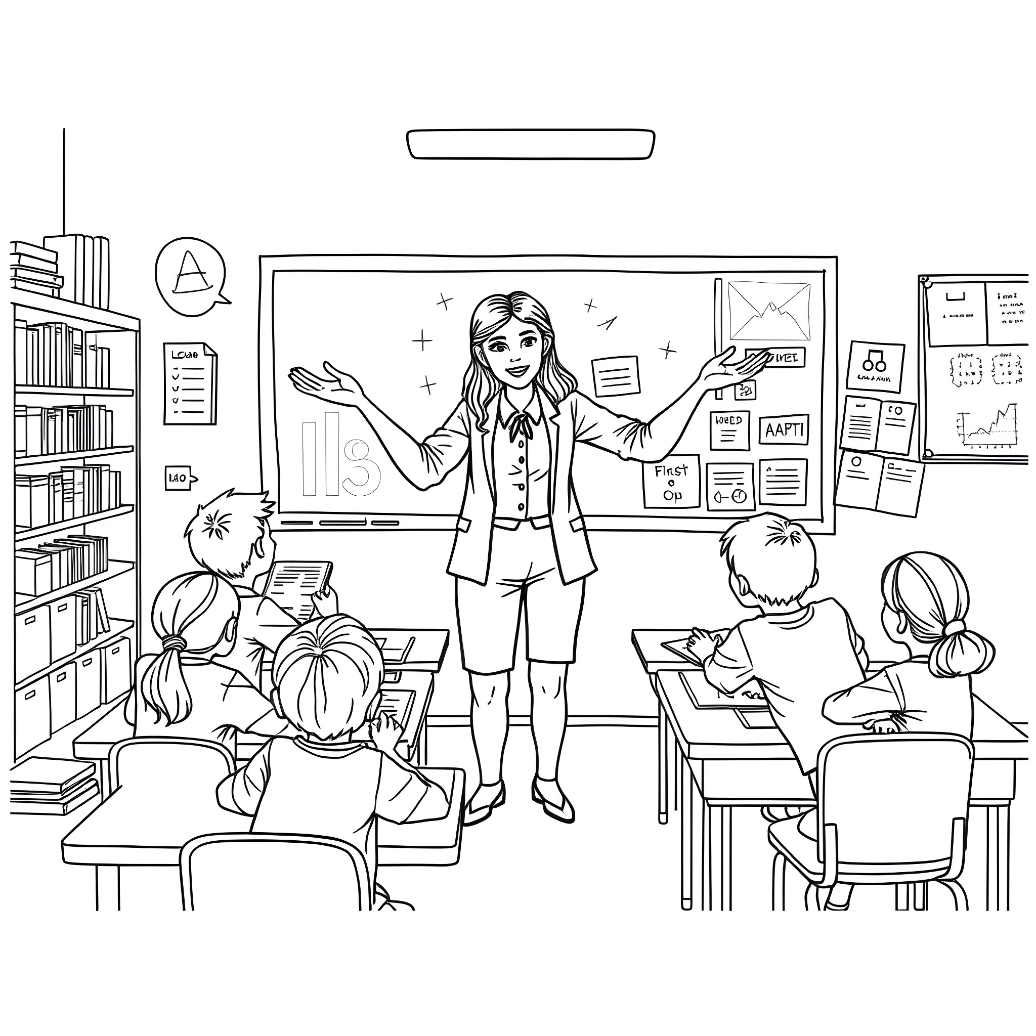 Teacher Engaging Students in Classroom Activities Coloring Page (free black-and-white line drawing printable PDF for all, from beginners to advanced learners, including children, teens, adults, and seniors)