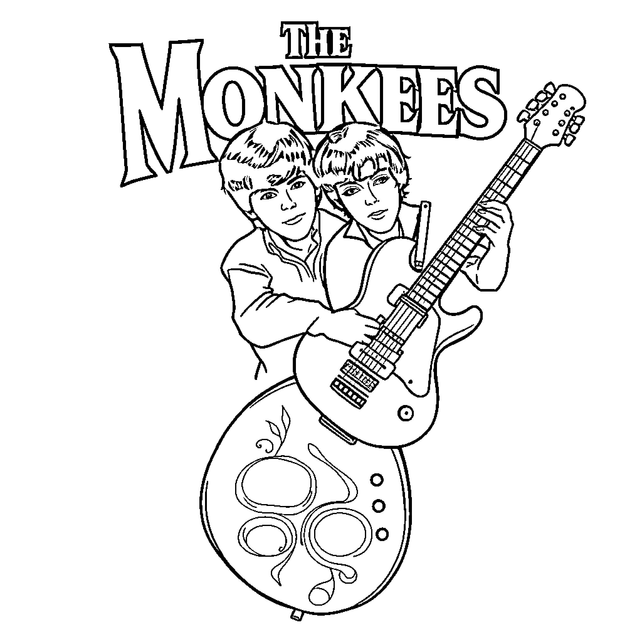 Monkees Performing on Stage with Electric Guitars Coloring Page (free black-and-white line drawing printable PDF for all, from beginners to advanced learners, including children, teens, adults, and seniors)