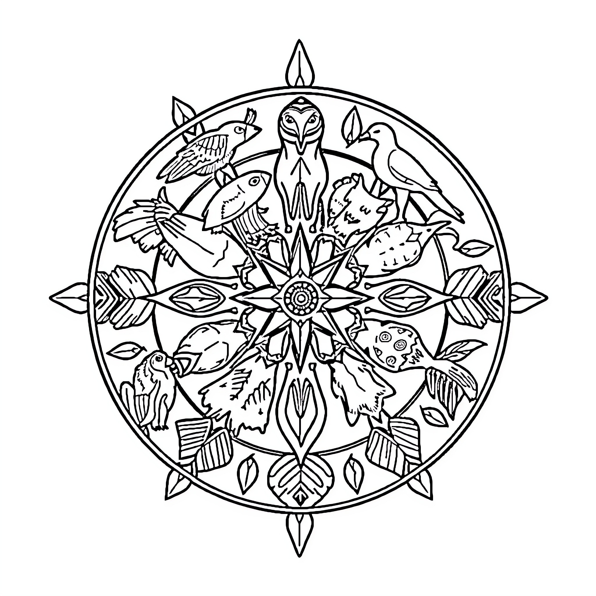 Animal Mandala with Diverse Nature Motifs Coloring Page (free black-and-white line drawing printable PDF for all, from beginners to advanced learners, including children, teens, adults, and seniors)