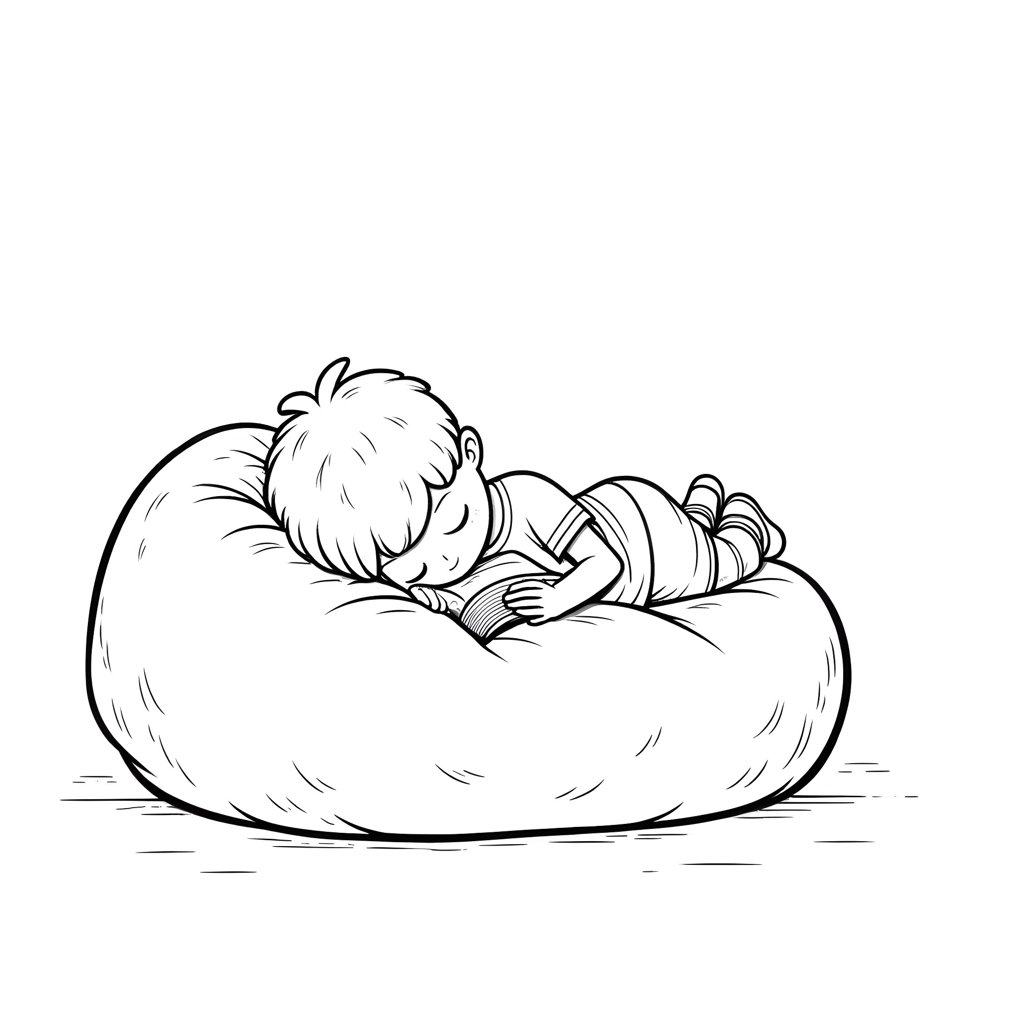 Boy sleeping peacefully in a cozy beanbag Coloring Page (free black-and-white line drawing printable PDF for all, from beginners to advanced learners, including children, teens, adults, and seniors)