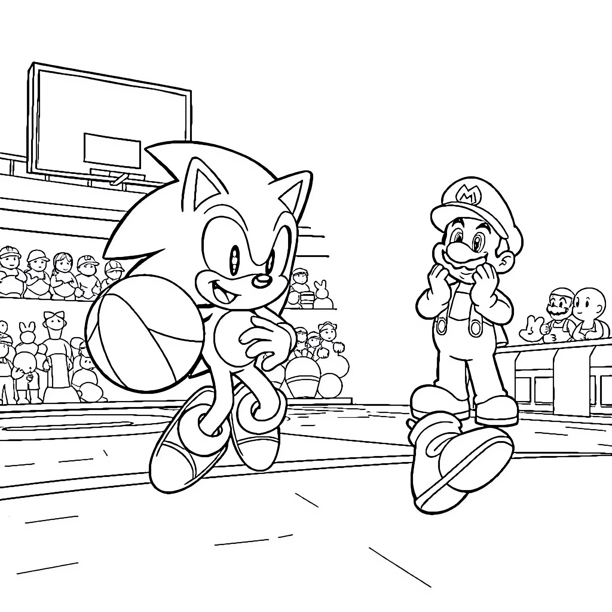 Sonic and Mario in a Playful Arcade Scene Coloring Page (free black-and-white line drawing printable PDF for all, from beginners to advanced learners, including children, teens, adults, and seniors)