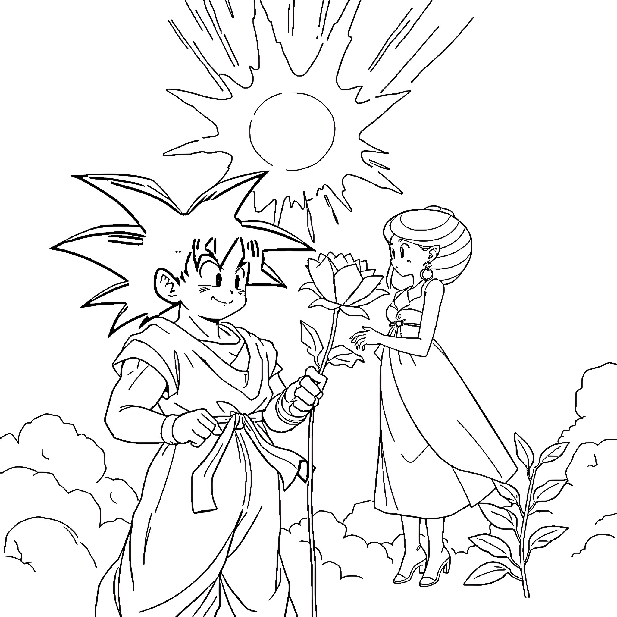 Goku giving a flower to a girl in a meadow Coloring Page (free black-and-white line drawing printable PDF for all, from beginners to advanced learners, including children, teens, adults, and seniors)
