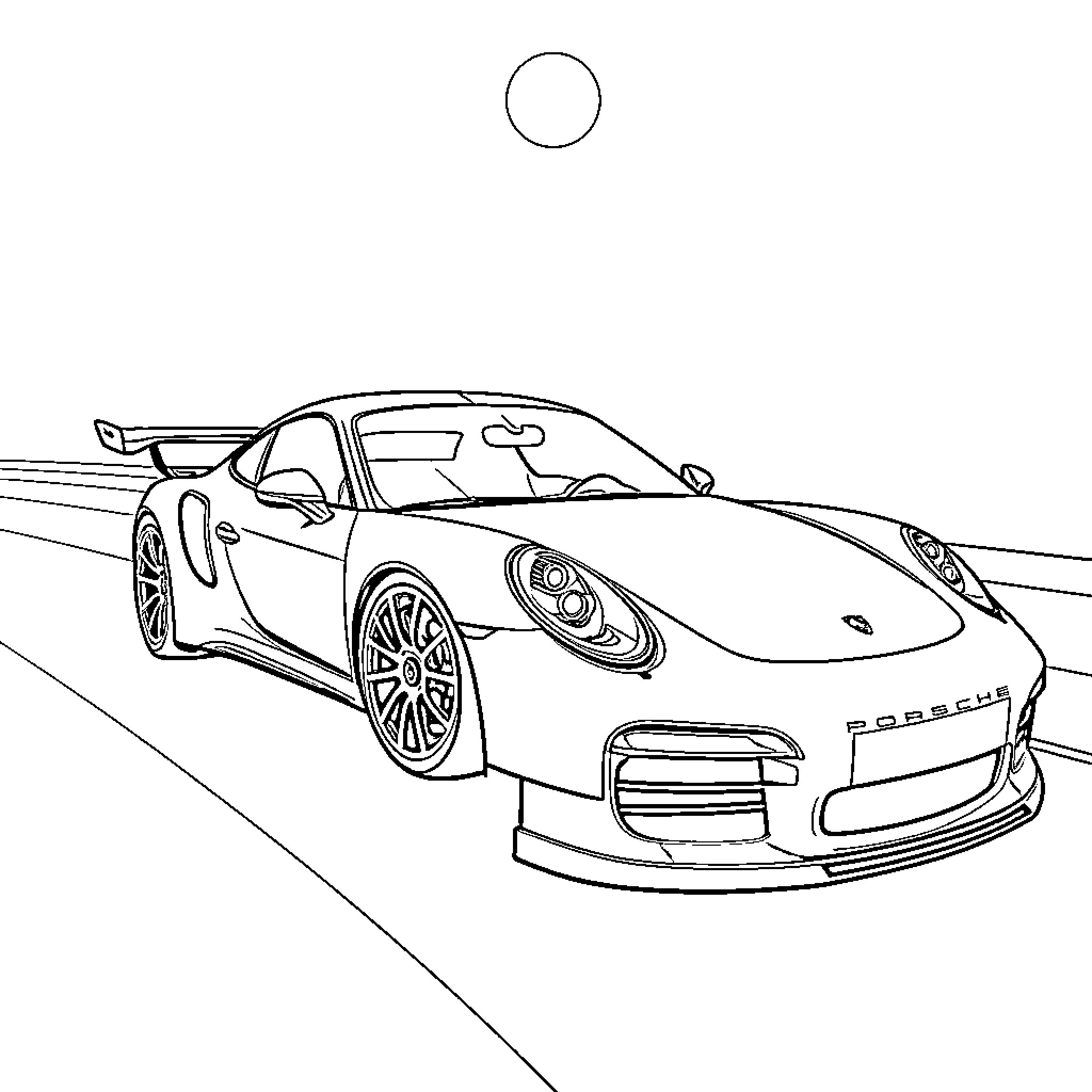 Porsche sports car on the road Coloring Page (free black-and-white line drawing printable PDF for all, from beginners to advanced learners, including children, teens, adults, and seniors)