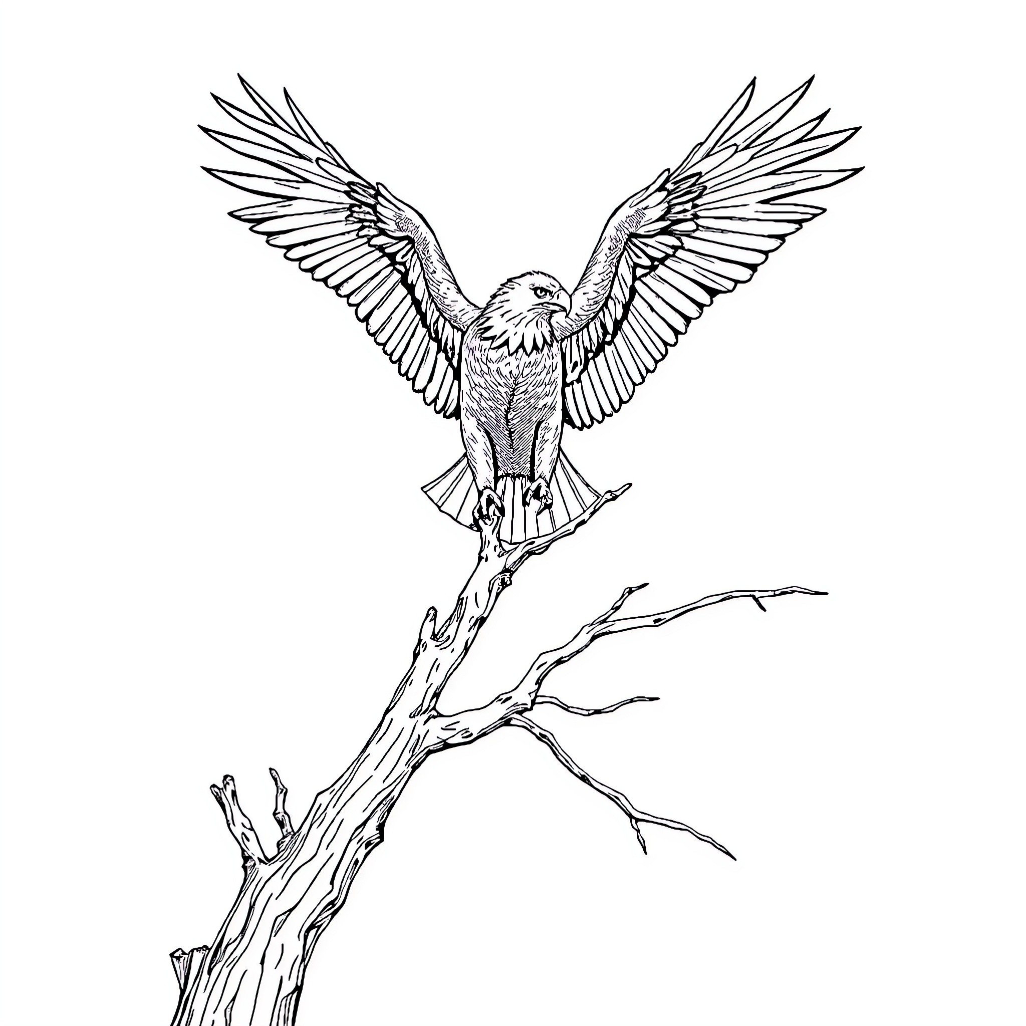 Eagle Spreading Its Wings on a Bare Branch Coloring Page (free black-and-white line drawing printable PDF for all, from beginners to advanced learners, including children, teens, adults, and seniors)
