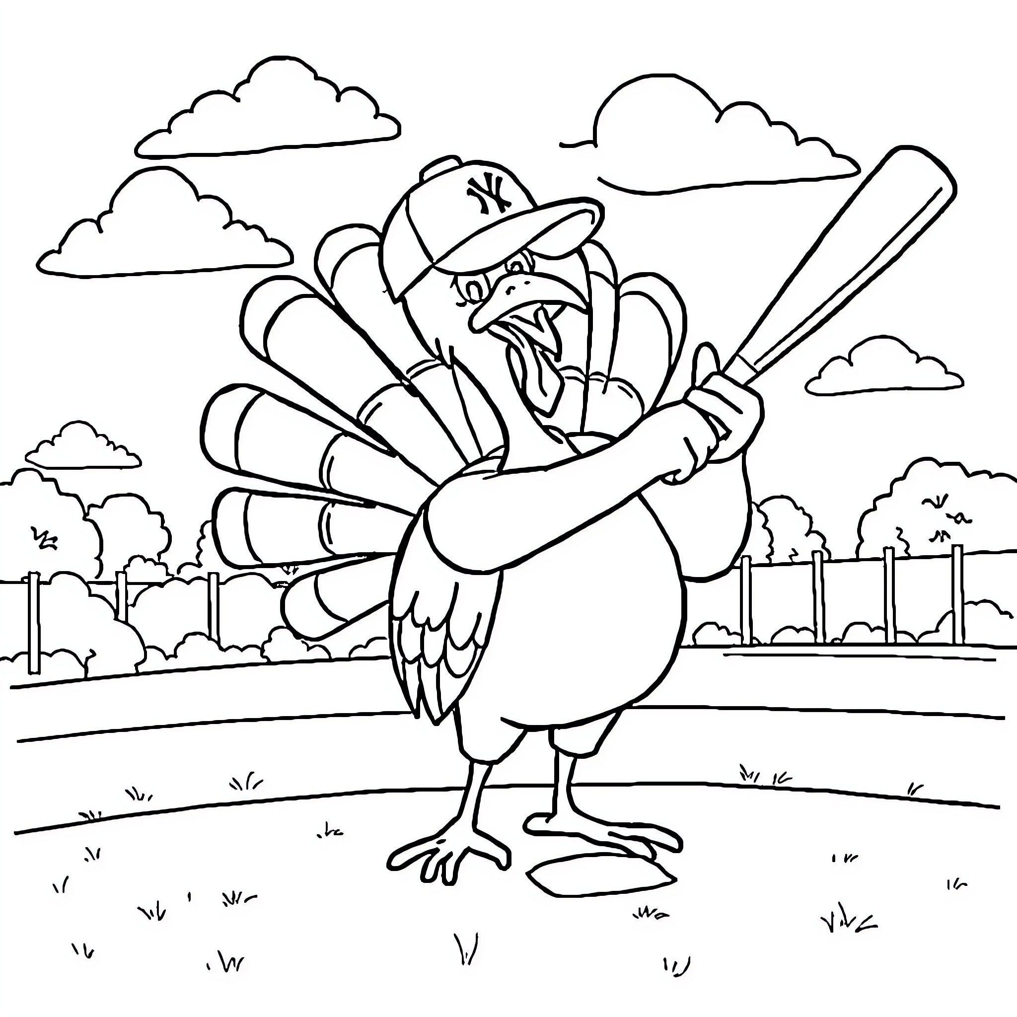 Turkey playing baseball in the park Coloring Page (free black-and-white line drawing printable PDF for all, from beginners to advanced learners, including children, teens, adults, and seniors)