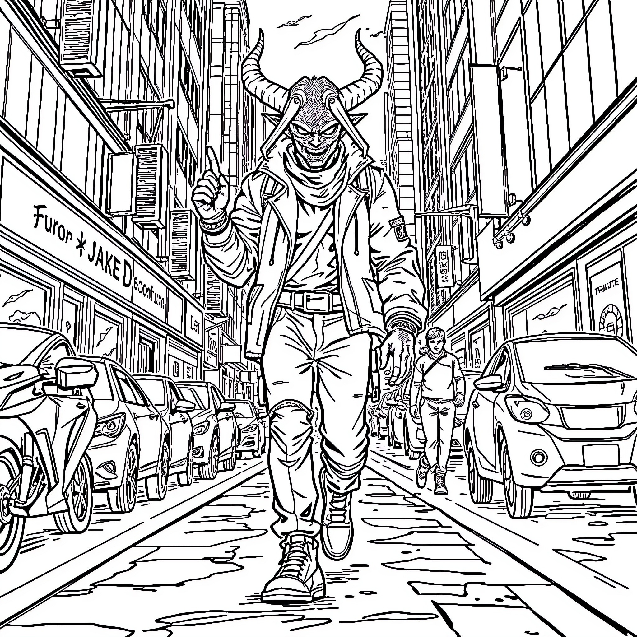 Demon Hunter prowling the city streets Coloring Page (free black-and-white line drawing printable PDF for all, from beginners to advanced learners, including children, teens, adults, and seniors)