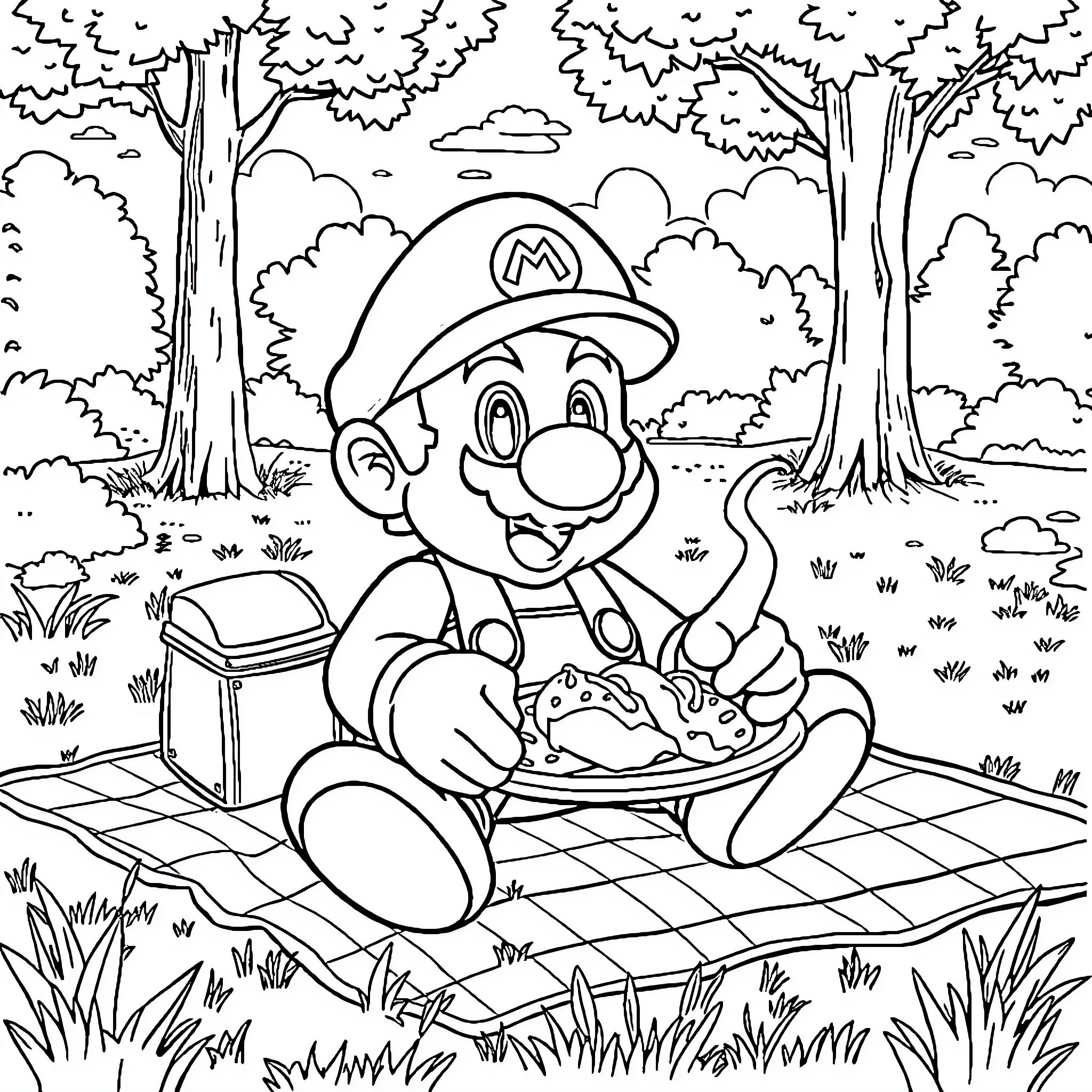 Super Mario's Picnic Adventure in the Forest Coloring Page (free black-and-white line drawing printable PDF for all, from beginners to advanced learners, including children, teens, adults, and seniors)