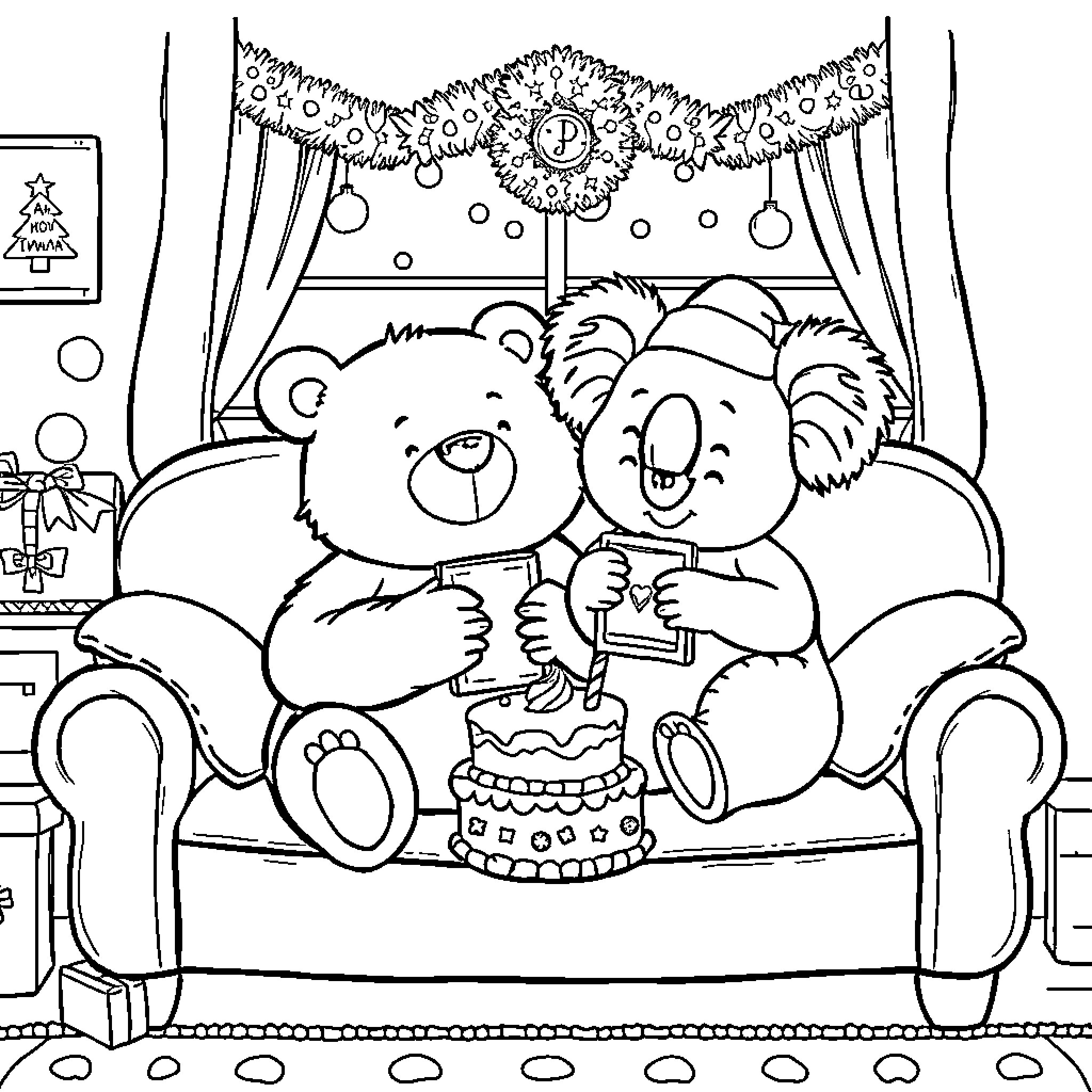 Bear friends celebrate birthday with cake Coloring Page (free black-and-white line drawing printable PDF for all, from beginners to advanced learners, including children, teens, adults, and seniors)
