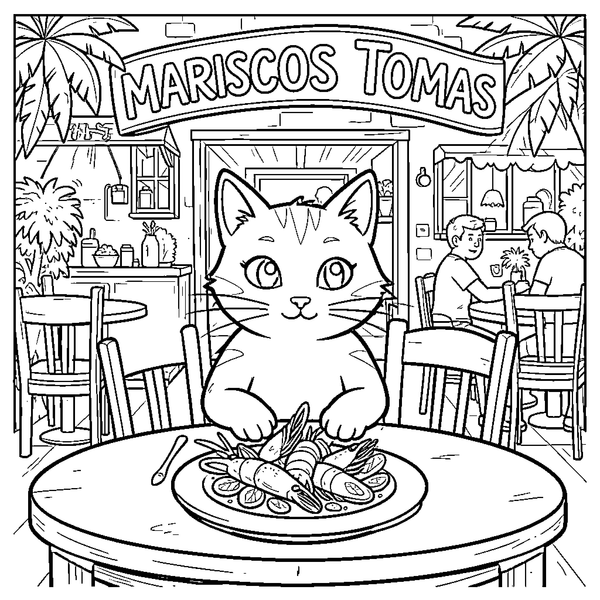 Gato eating seafood at an outdoor restaurant table Coloring Page (free black-and-white line drawing printable PDF for all, from beginners to advanced learners, including children, teens, adults, and seniors)