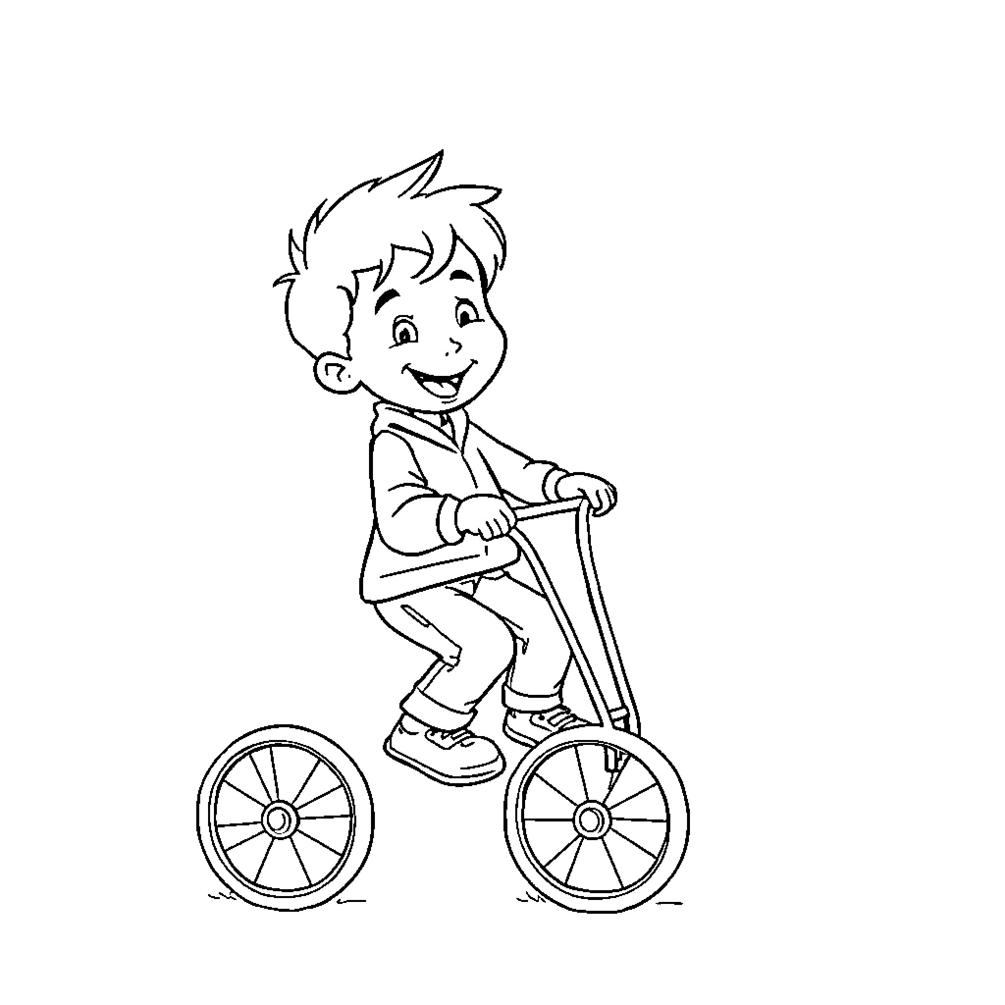 Boy riding a tricycle with glee Coloring Page (free black-and-white line drawing printable PDF for all, from beginners to advanced learners, including children, teens, adults, and seniors)