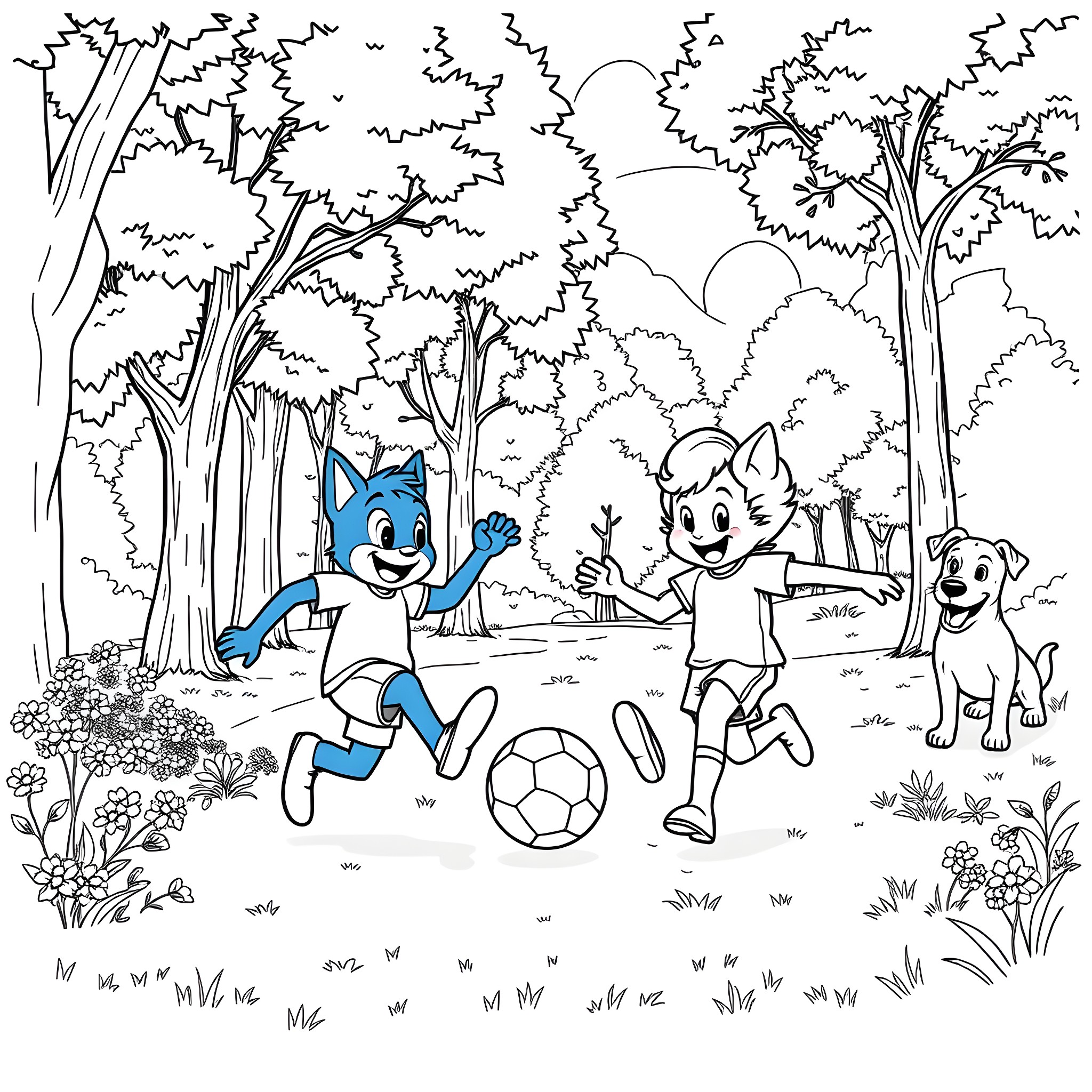Bluey and friends playing soccer in the forest Coloring Page (free black-and-white line drawing printable PDF for all, from beginners to advanced learners, including children, teens, adults, and seniors)