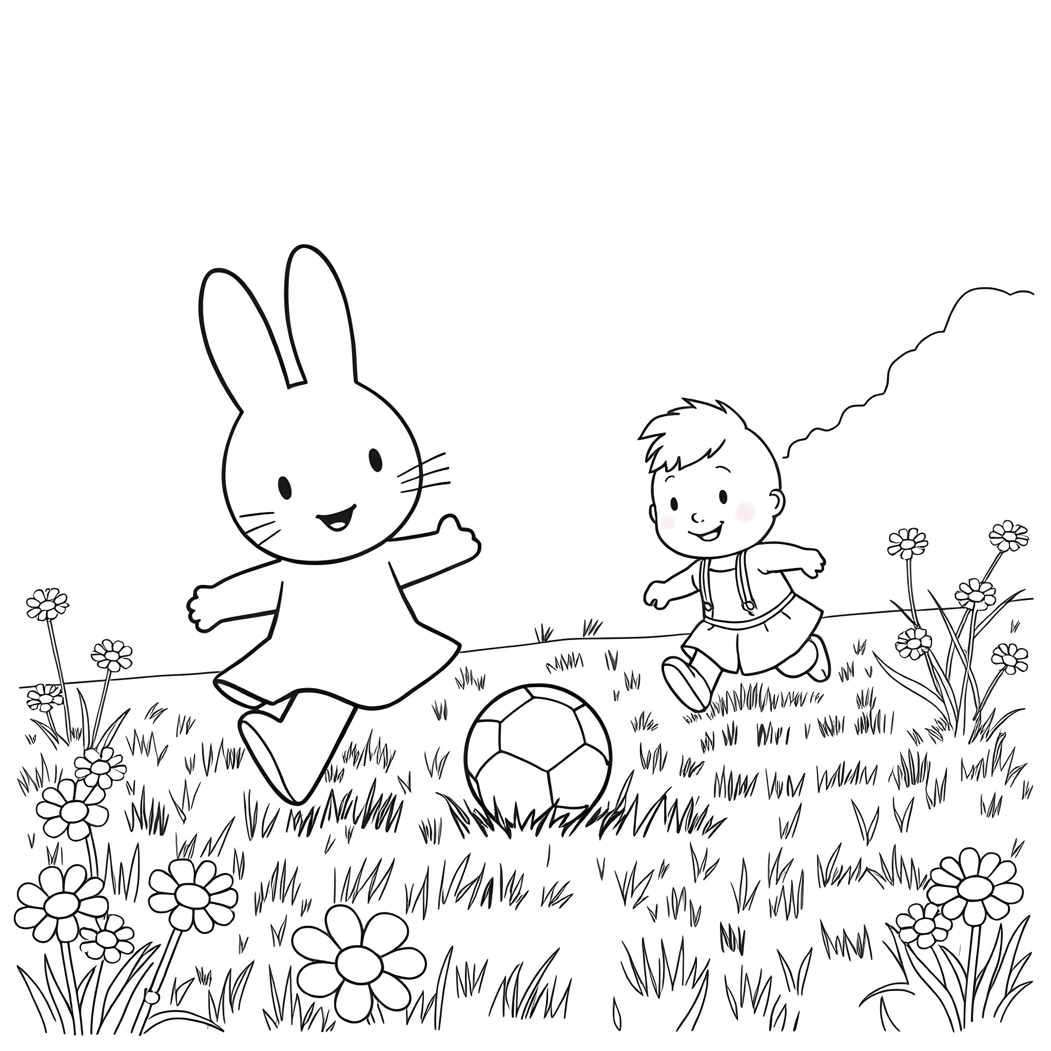 Miffy playing with a child in the park Coloring Page (free black-and-white line drawing printable PDF for all, from beginners to advanced learners, including children, teens, adults, and seniors)