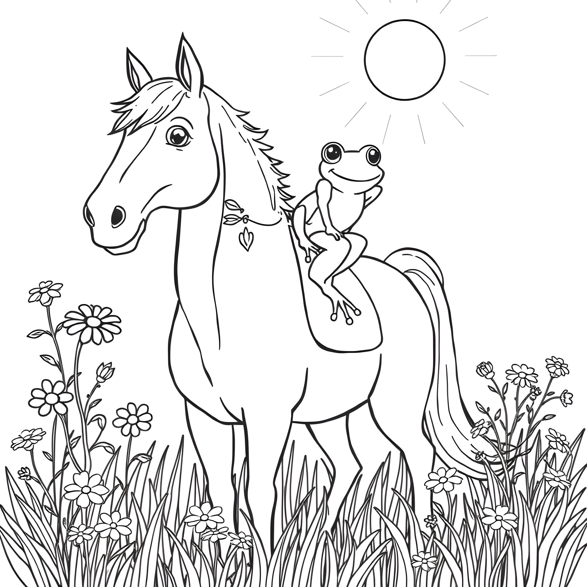 Frog riding happily on a horse in a sunny field Coloring Page (free black-and-white line drawing printable PDF for all, from beginners to advanced learners, including children, teens, adults, and seniors)