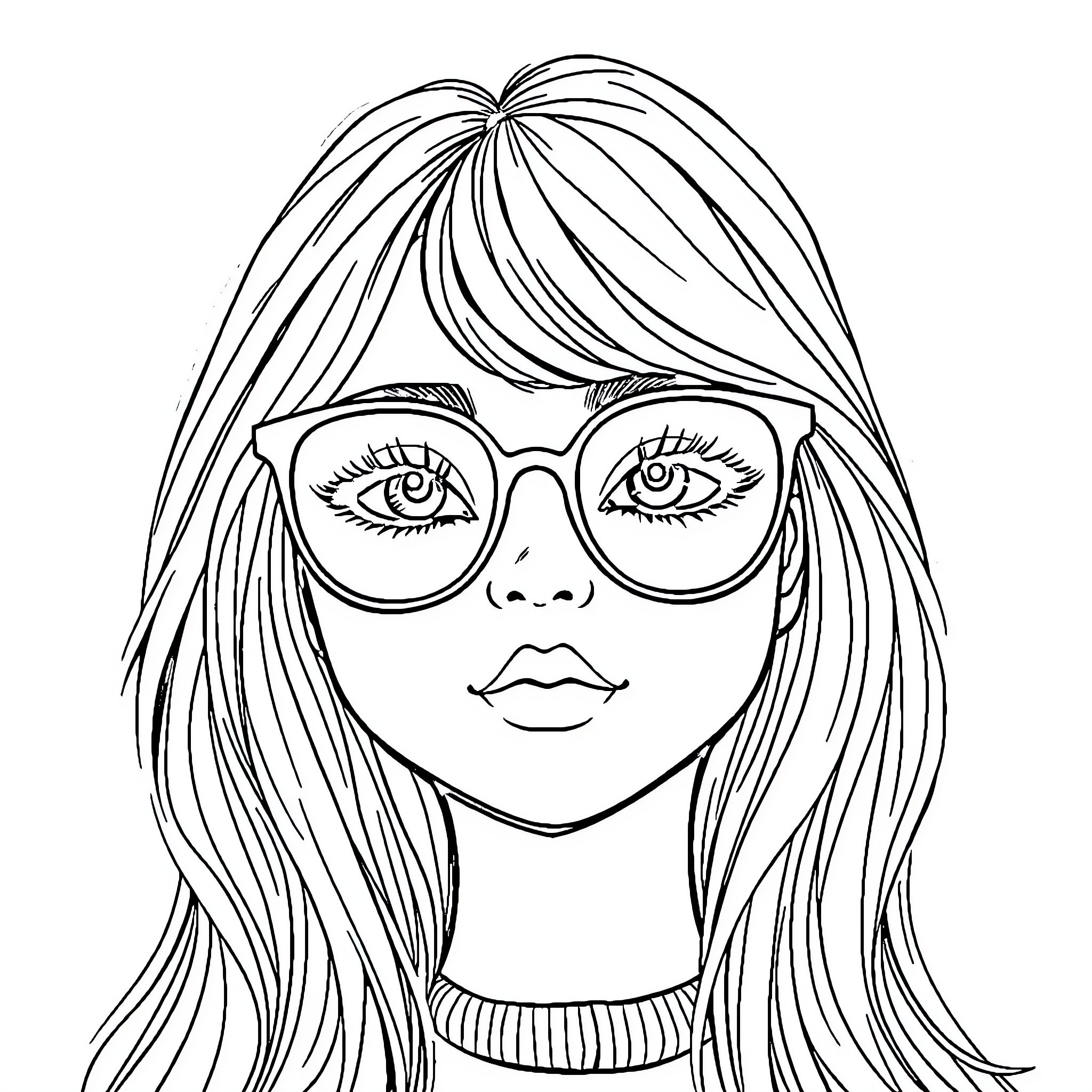 Girl with glasses and long hair Coloring Page (free black-and-white line drawing printable PDF for all, from beginners to advanced learners, including children, teens, adults, and seniors)