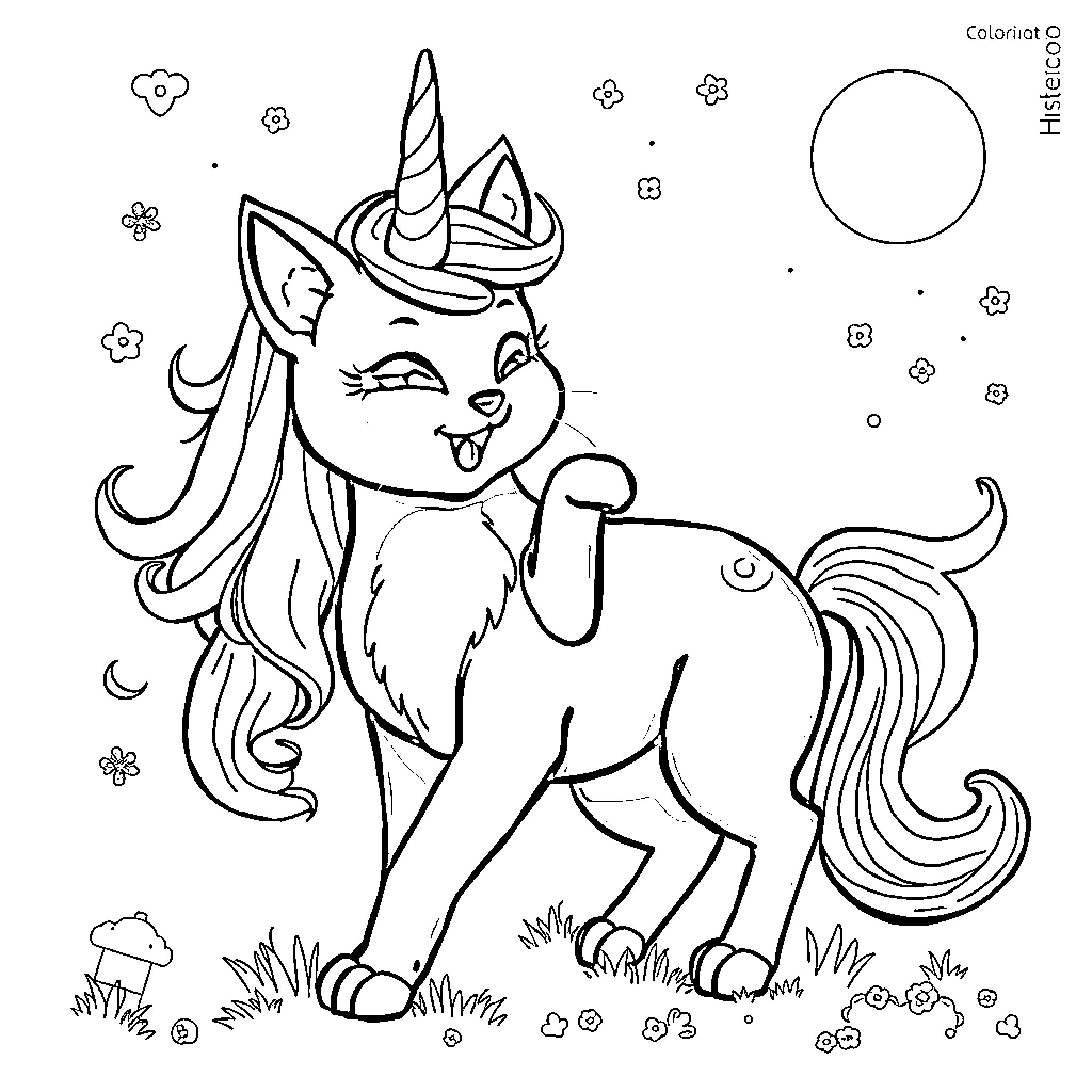 Unicorn Cat playfully frolicking among flowers Coloring Page (free black-and-white line drawing printable PDF for all, from beginners to advanced learners, including children, teens, adults, and seniors)