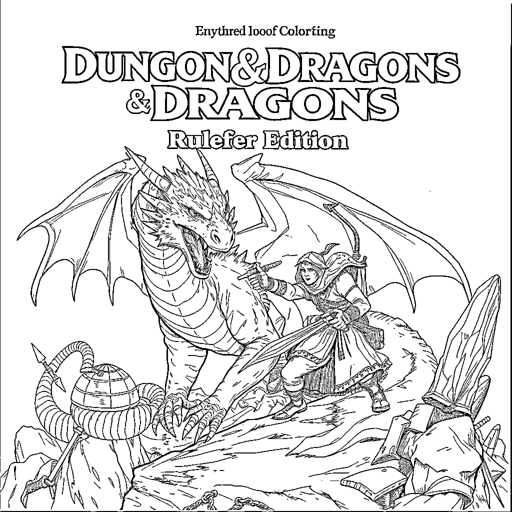 Dungeons and Dragons Rulebook Edition with Fantasy Characters Coloring Page (free black-and-white line drawing printable PDF for all, from beginners to advanced learners, including children, teens, adults, and seniors)