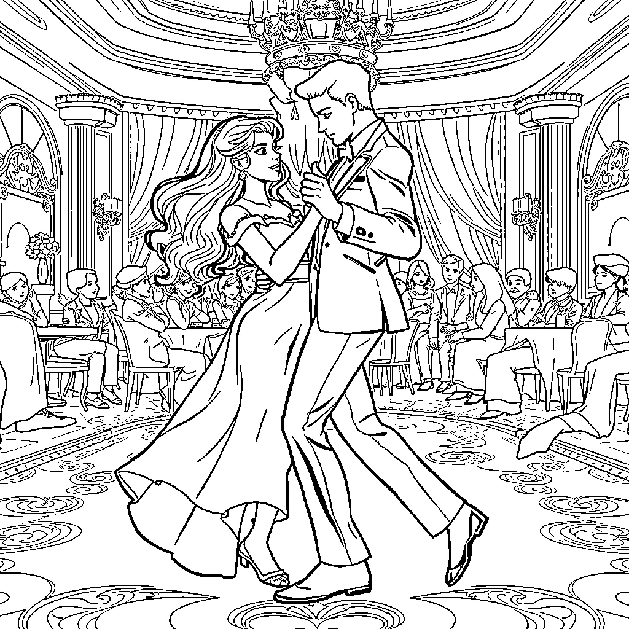 Beauty And The Beast's Enchanting Ballroom Dance Coloring Page (free black-and-white line drawing printable PDF for all, from beginners to advanced learners, including children, teens, adults, and seniors)