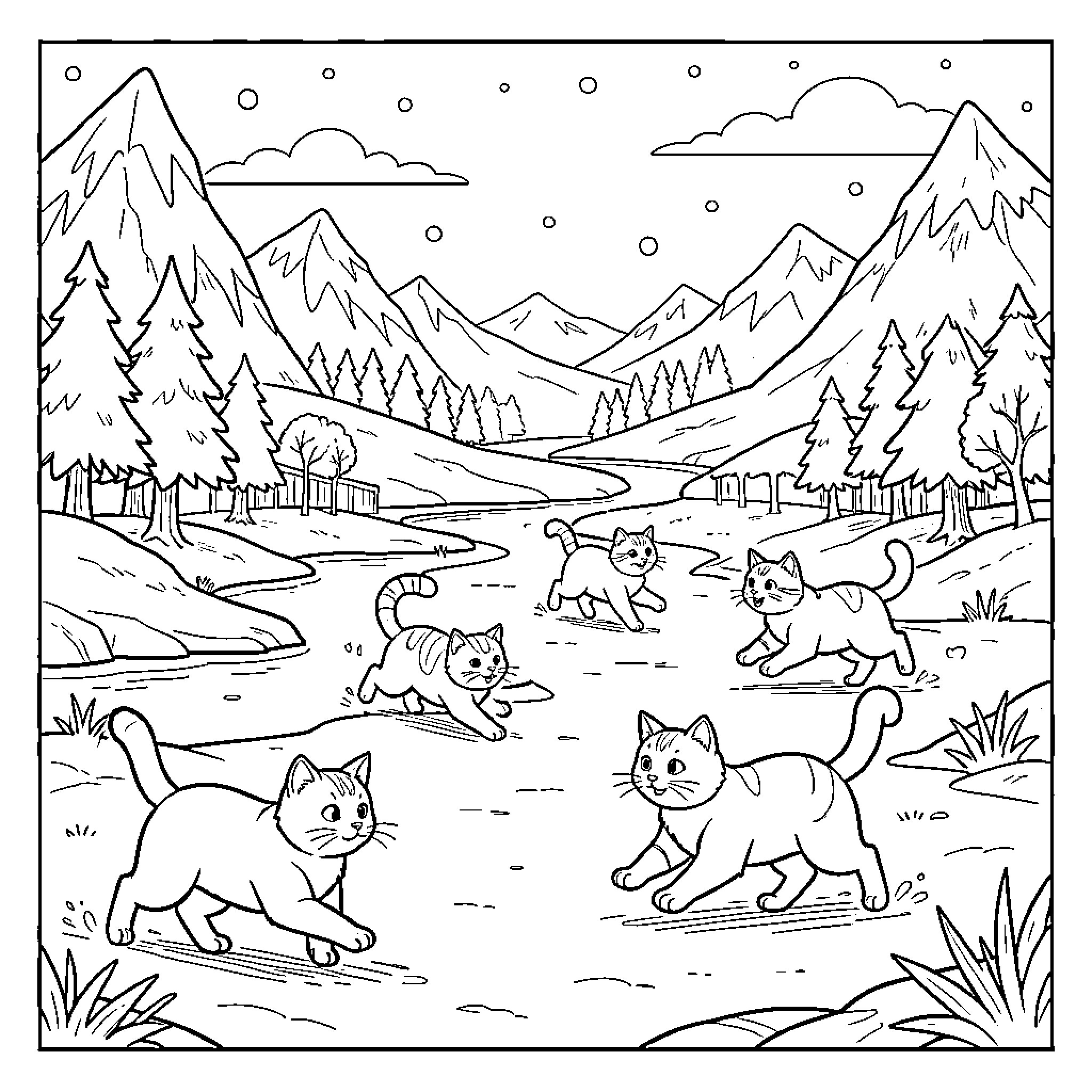 Cats Frolicking in the Mountainous Landscape Coloring Page (free black-and-white line drawing printable PDF for all, from beginners to advanced learners, including children, teens, adults, and seniors)