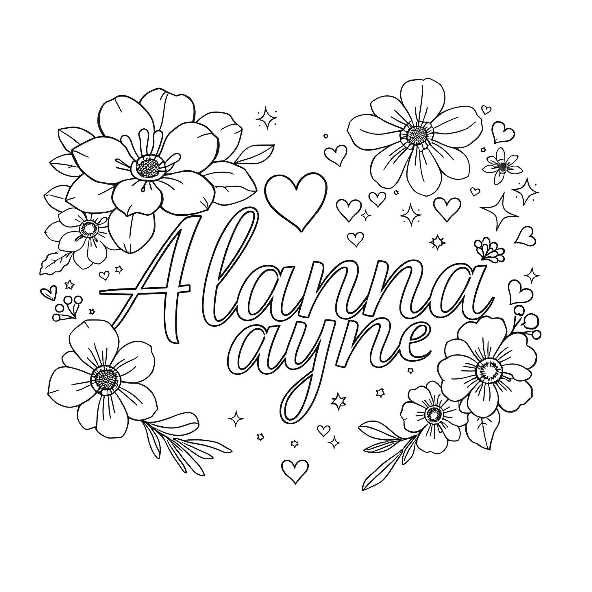 Flowers, hearts, and stars with Alanna ayme Coloring Page (free black-and-white line drawing printable PDF for all, from beginners to advanced learners, including children, teens, adults, and seniors)