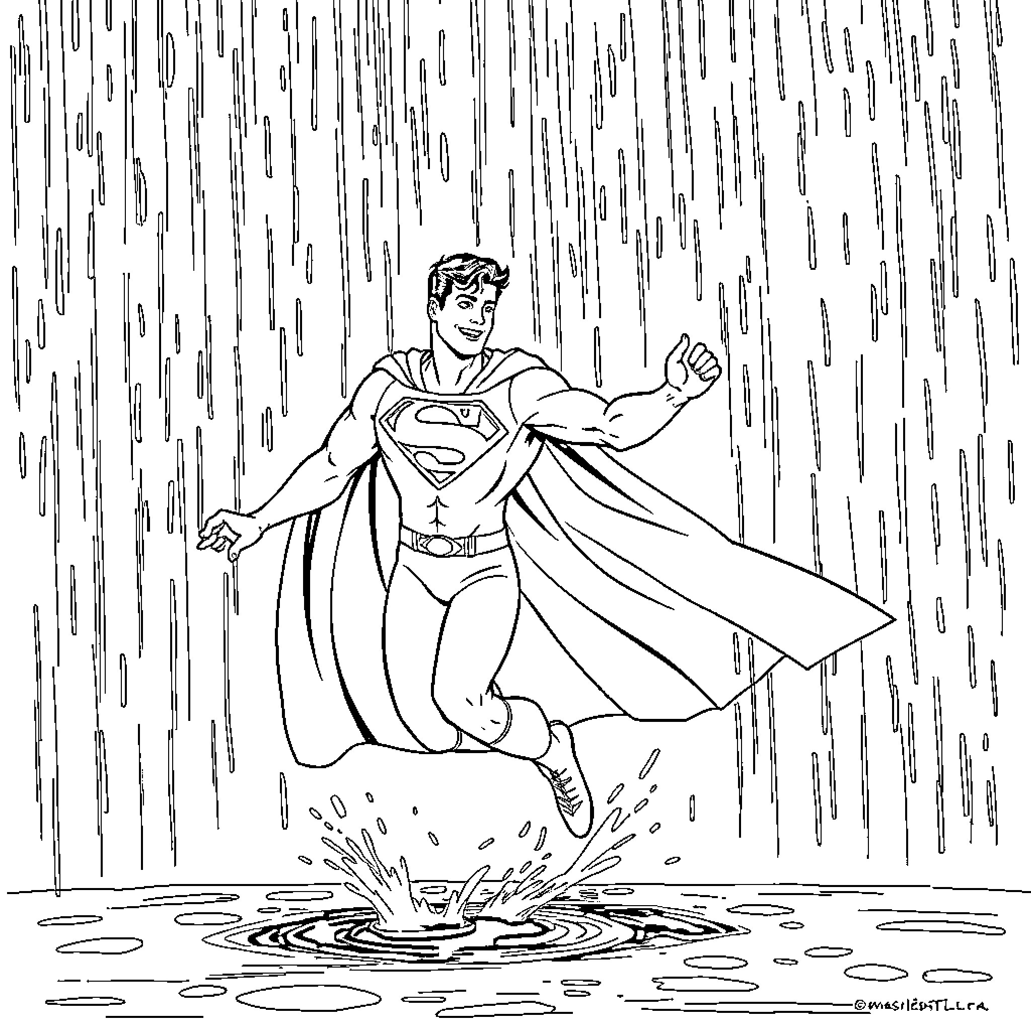 Superman soaring through the rain Coloring Page (free black-and-white line drawing printable PDF for all, from beginners to advanced learners, including children, teens, adults, and seniors)