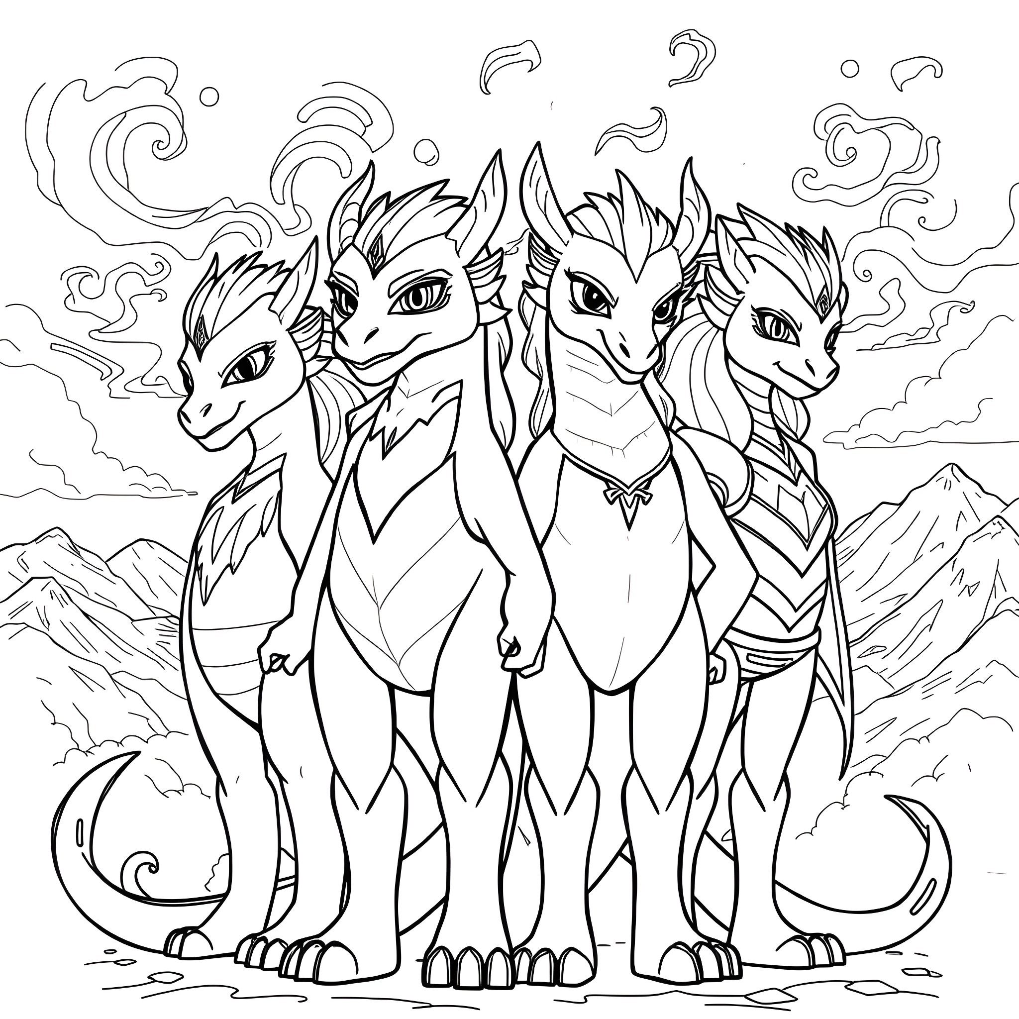 Wings of Fire Characters in a Dramatic Pose Coloring Page (free black-and-white line drawing printable PDF for all, from beginners to advanced learners, including children, teens, adults, and seniors)