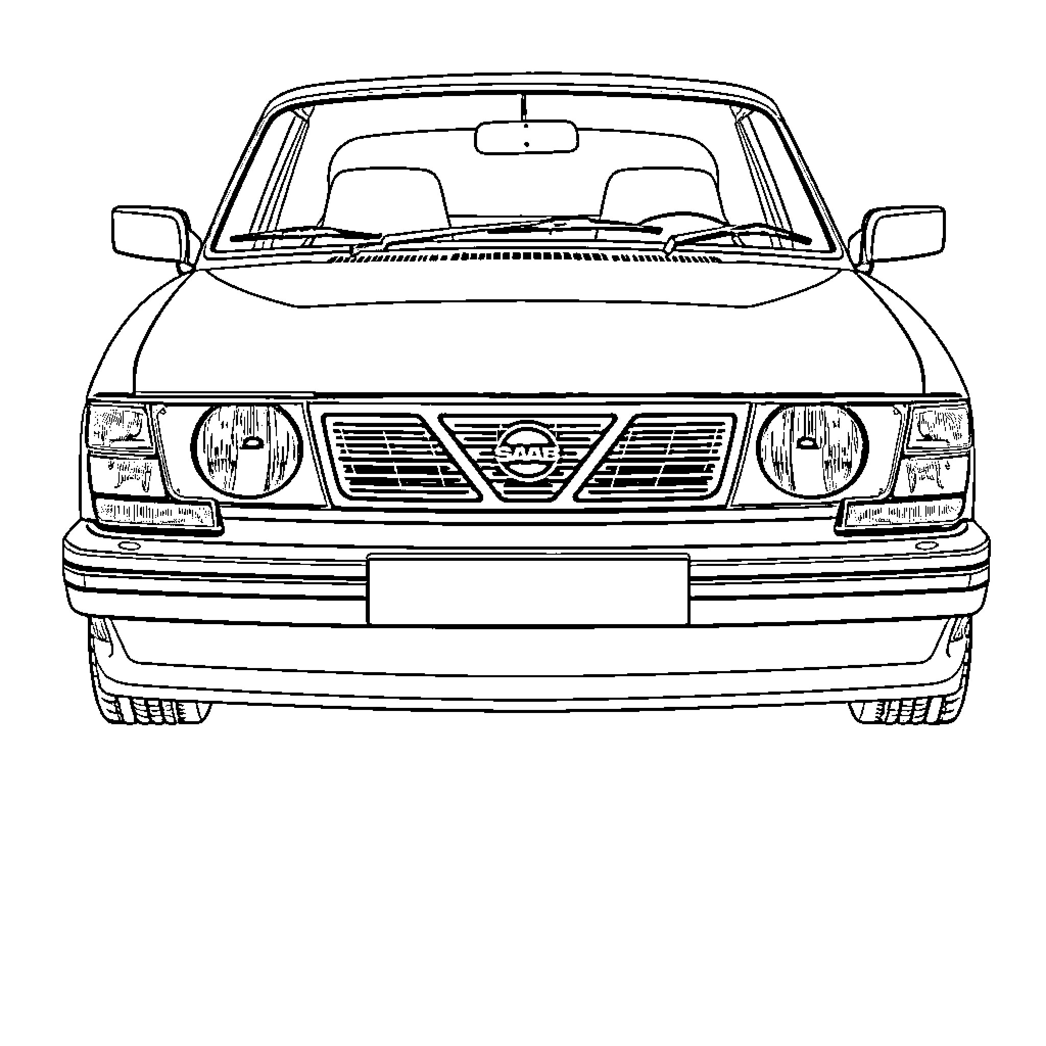 Saab 900 front view schematic illustration Coloring Page (free black-and-white line drawing printable PDF for all, from beginners to advanced learners, including children, teens, adults, and seniors)