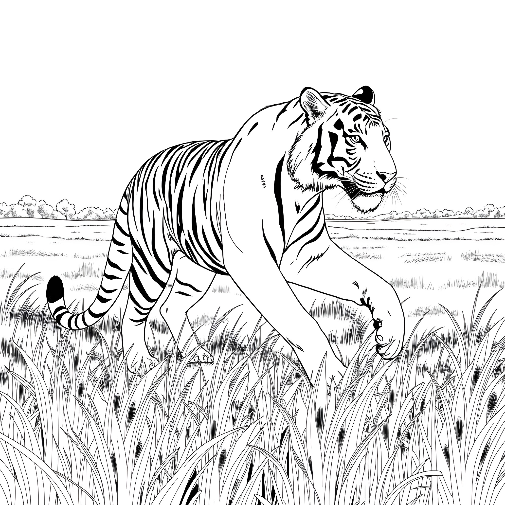 Tiger Roaming Majestically in the Wild Grasslands Coloring Page (free black-and-white line drawing printable PDF for all, from beginners to advanced learners, including children, teens, adults, and seniors)