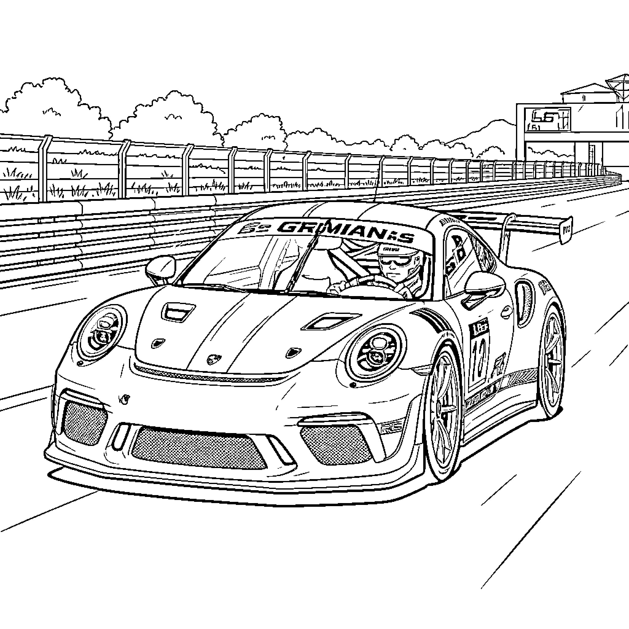 Porsche racing car driving fast on a track Coloring Page (free black-and-white line drawing printable PDF for all, from beginners to advanced learners, including children, teens, adults, and seniors)