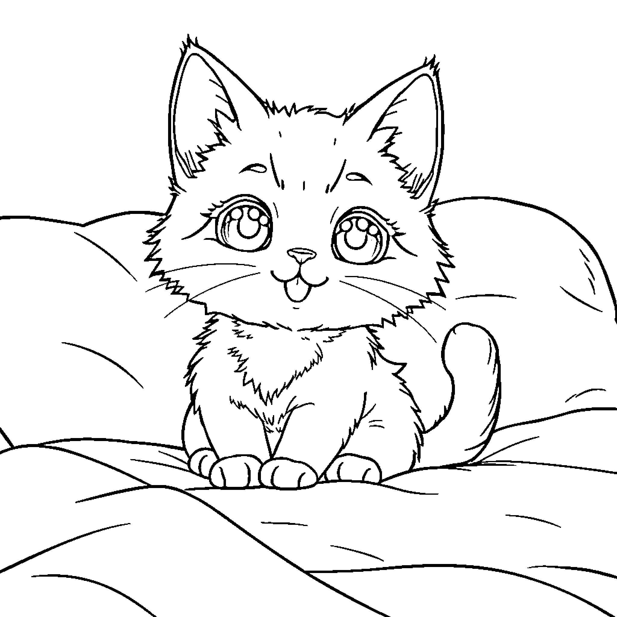 Cat in a Pensive Pose Coloring Page (free black-and-white line drawing printable PDF for all, from beginners to advanced learners, including children, teens, adults, and seniors)