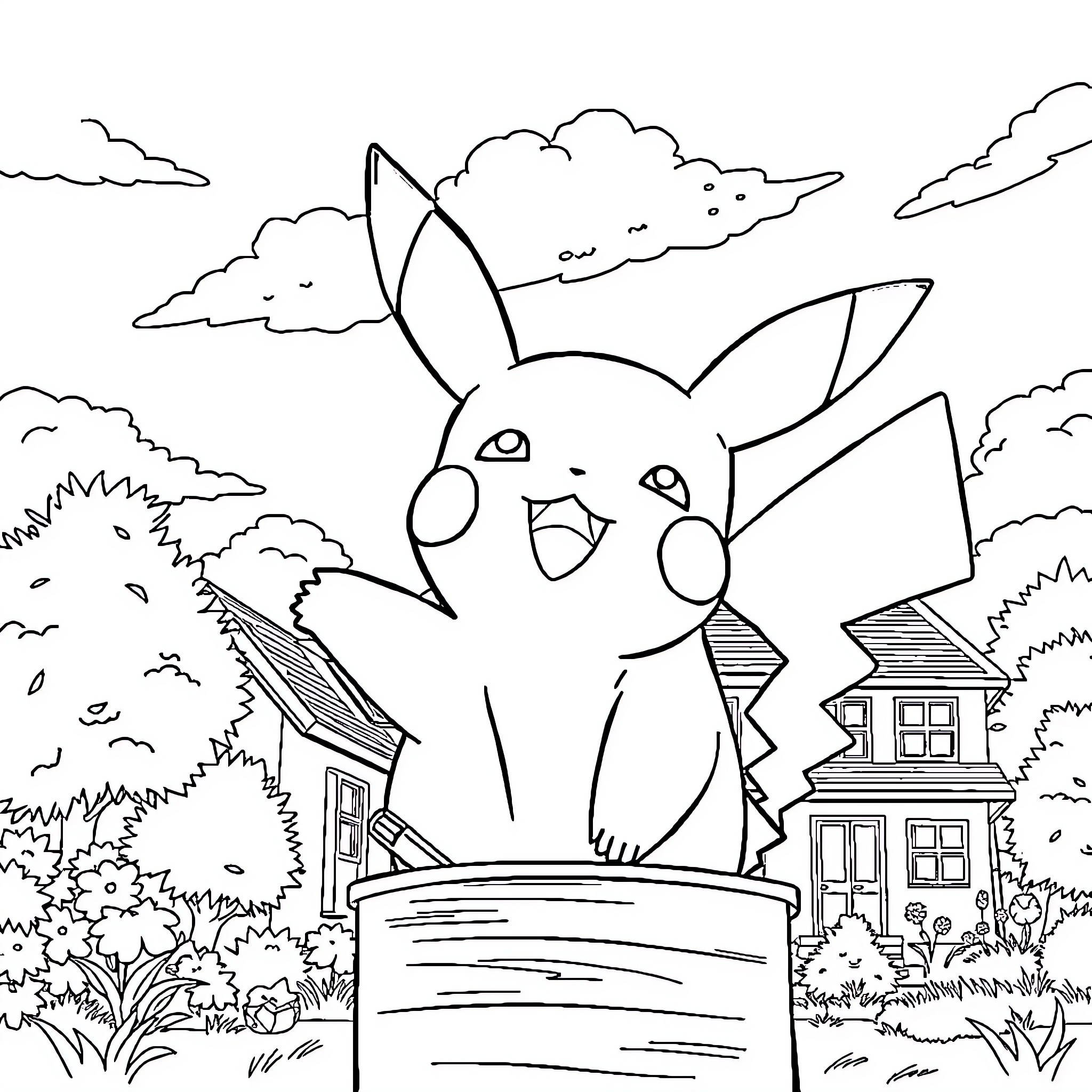 Pikachu posing playfully in a scenic outdoor setting Coloring Page (free black-and-white line drawing printable PDF for all, from beginners to advanced learners, including children, teens, adults, and seniors)