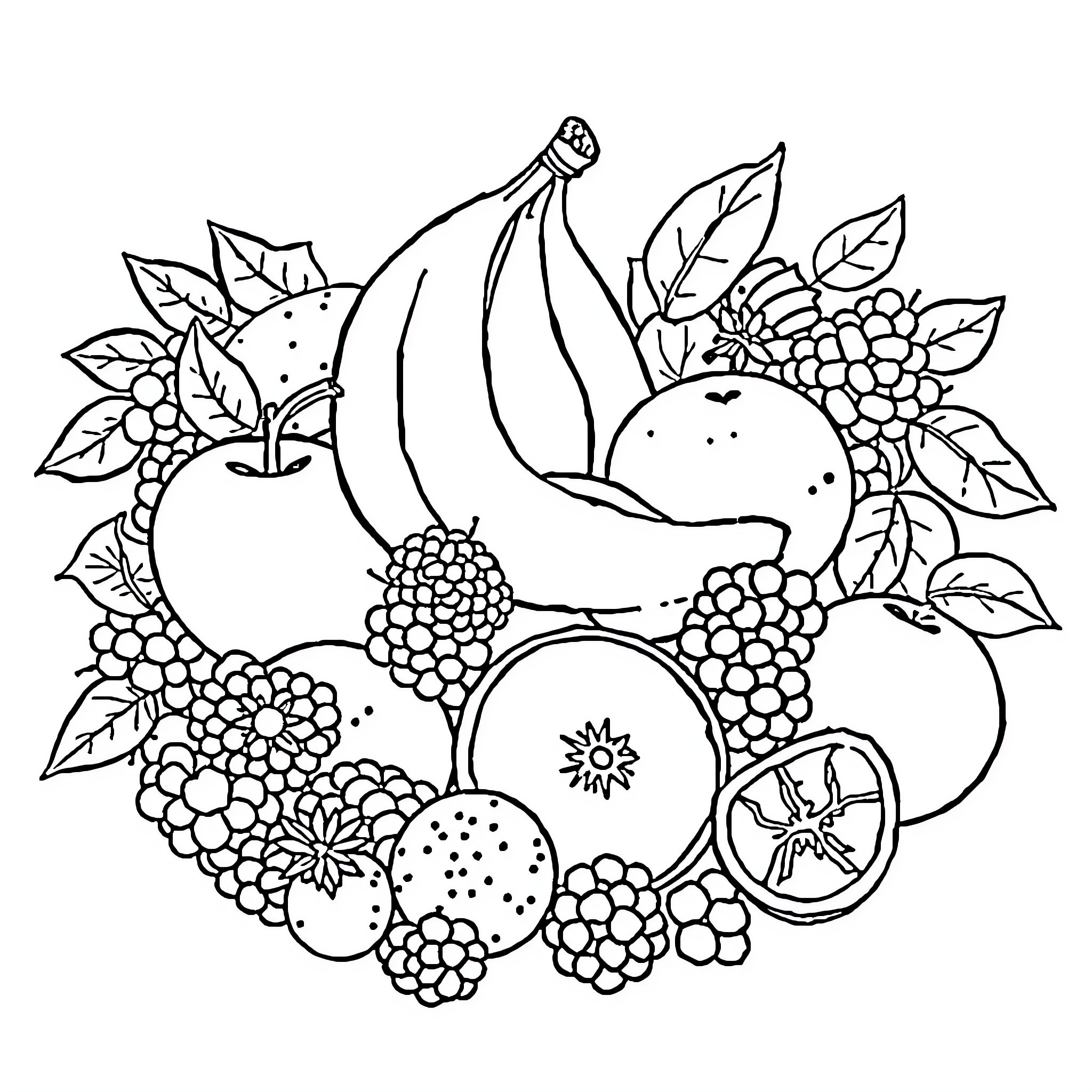 Fruit-filled Floral Arrangement Coloring Page (free black-and-white line drawing printable PDF for all, from beginners to advanced learners, including children, teens, adults, and seniors)