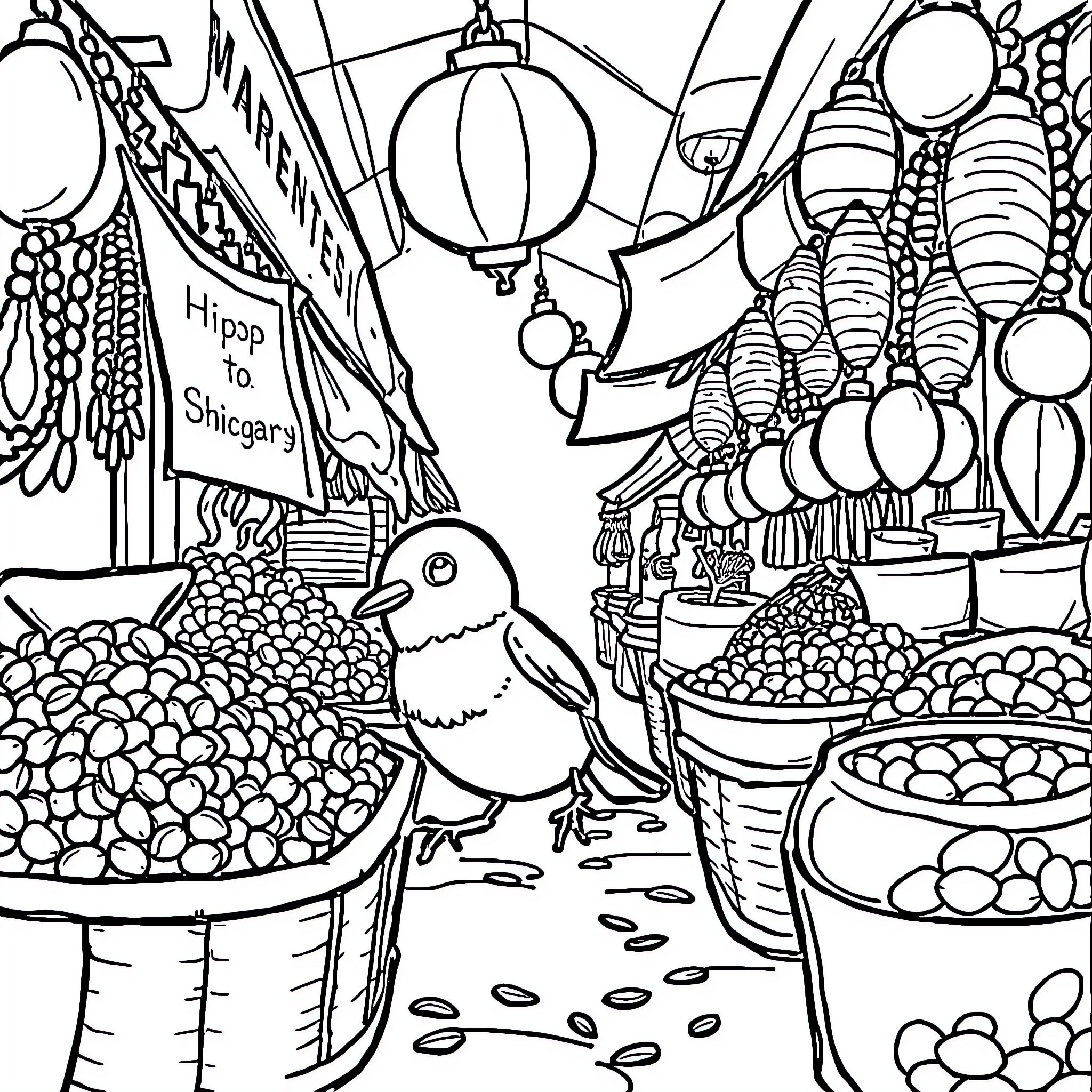 Bird in a colorful market scene Coloring Page (free black-and-white line drawing printable PDF for all, from beginners to advanced learners, including children, teens, adults, and seniors)