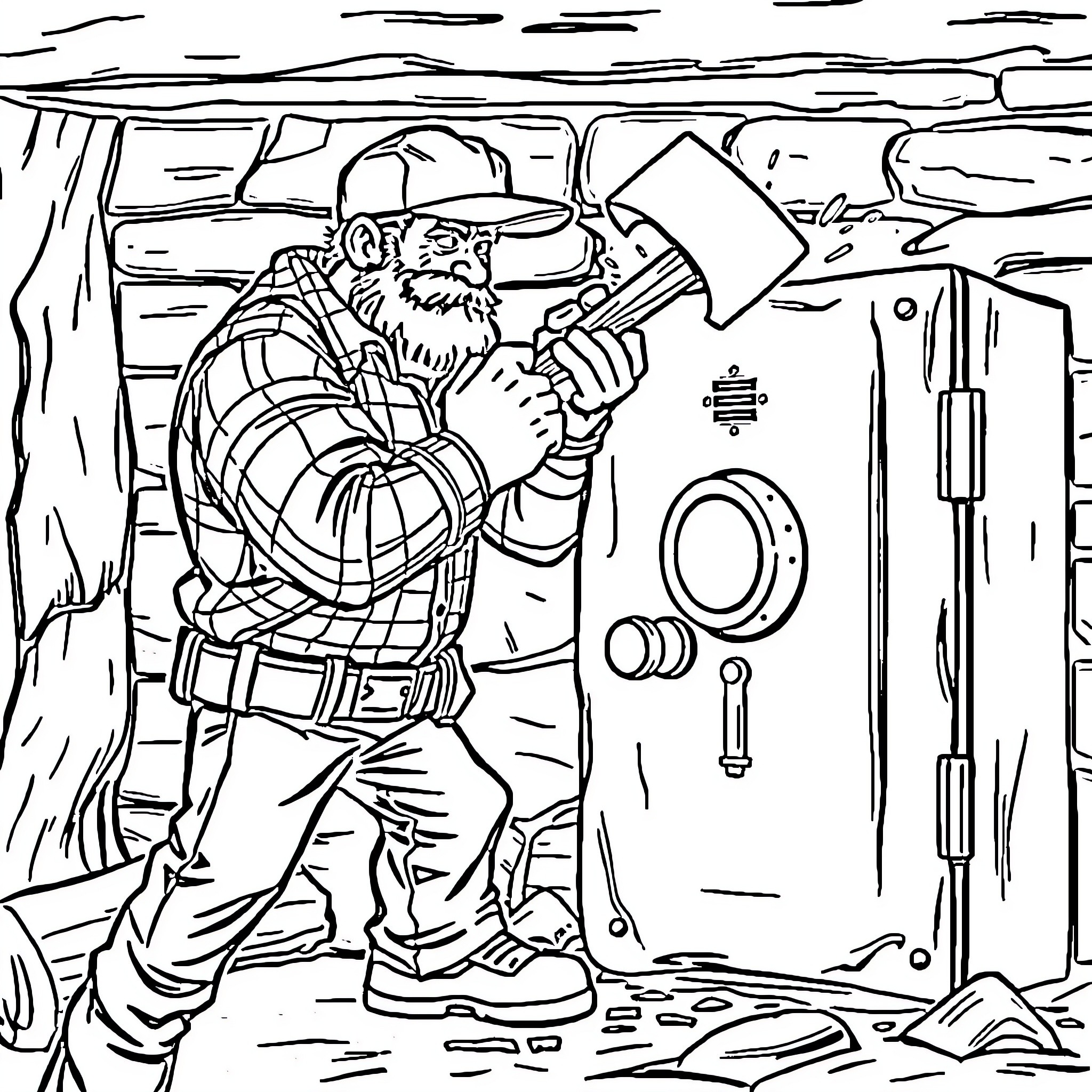 Lumberjack hard at work in the forest Coloring Page (free black-and-white line drawing printable PDF for all, from beginners to advanced learners, including children, teens, adults, and seniors)