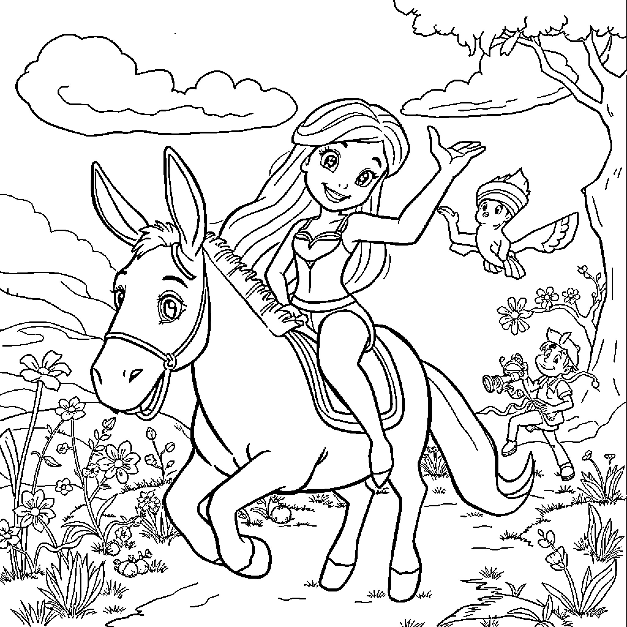 Donkey Riding Adventure with Friends in Nature Coloring Page (free black-and-white line drawing printable PDF for all, from beginners to advanced learners, including children, teens, adults, and seniors)