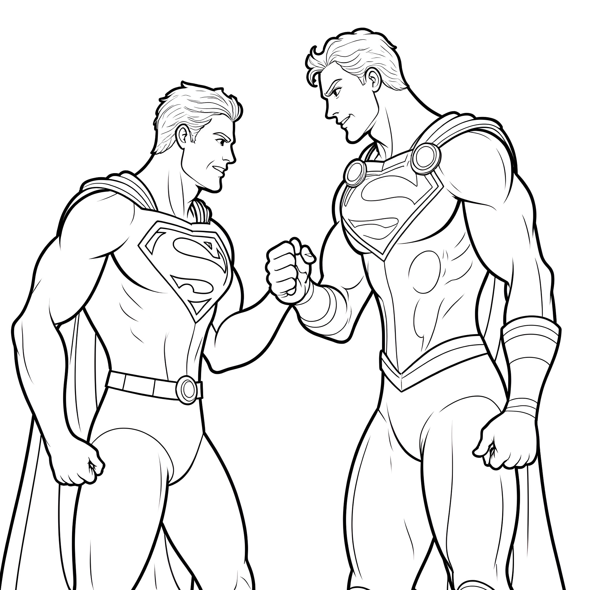 Superman facing off against another hero in heroic poses Coloring Page (free black-and-white line drawing printable PDF for all, from beginners to advanced learners, including children, teens, adults, and seniors)