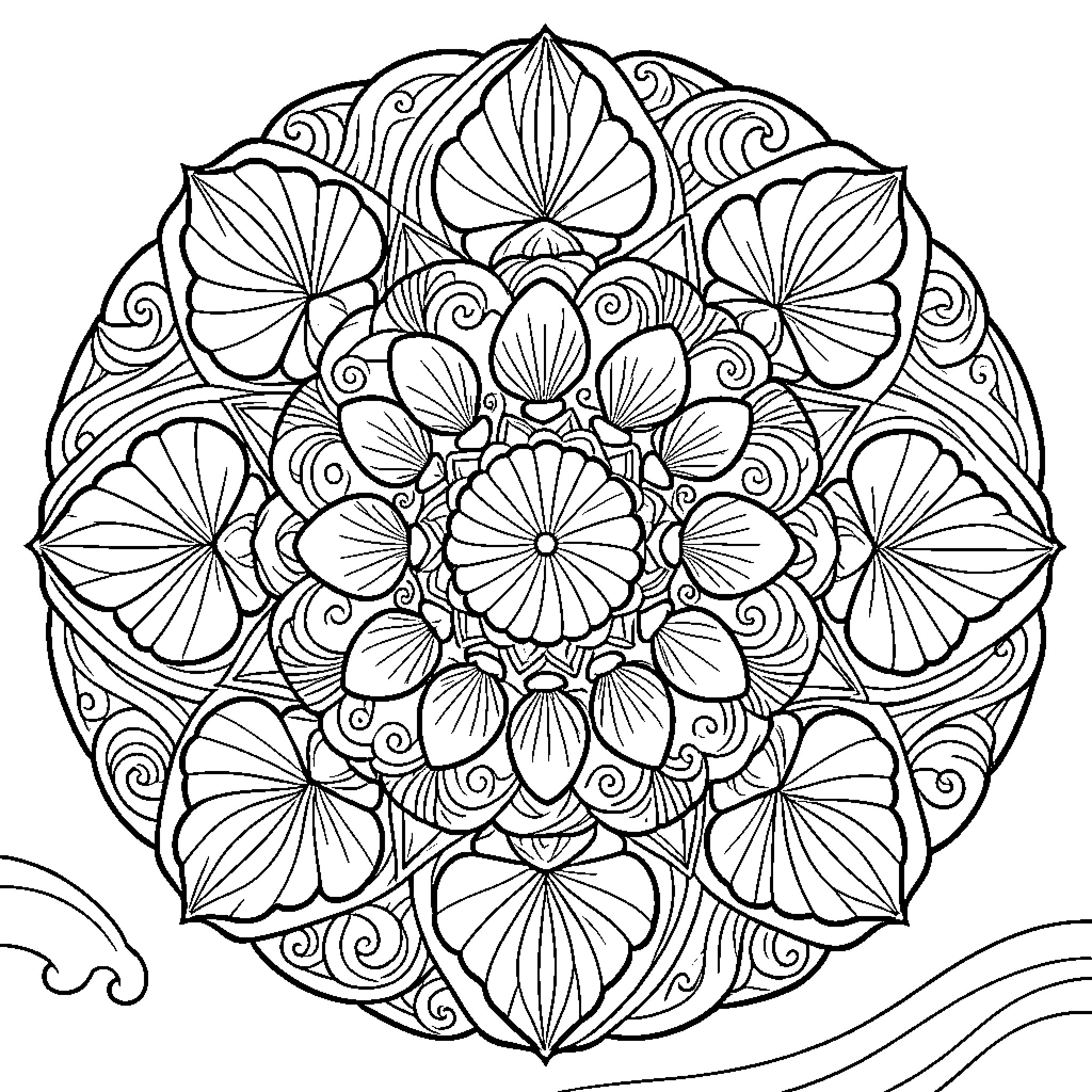 Mandala of intricate floral designs Coloring Page (free black-and-white line drawing printable PDF for all, from beginners to advanced learners, including children, teens, adults, and seniors)