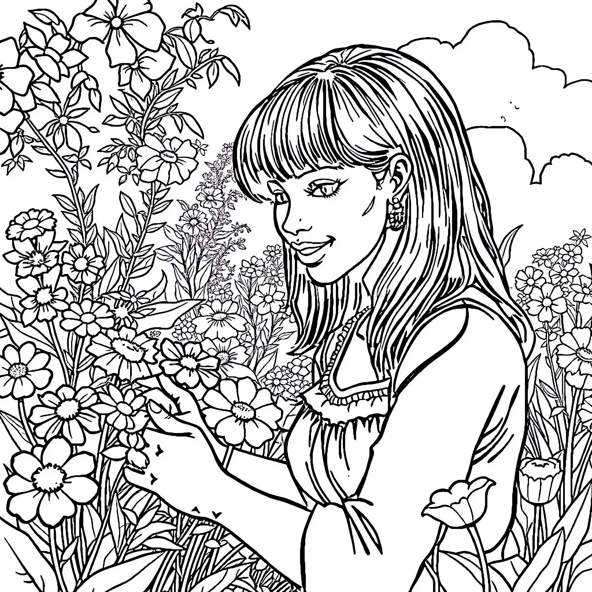 Woman surrounded by blooming flowers in a garden Coloring Page (free black-and-white line drawing printable PDF for all, from beginners to advanced learners, including children, teens, adults, and seniors)